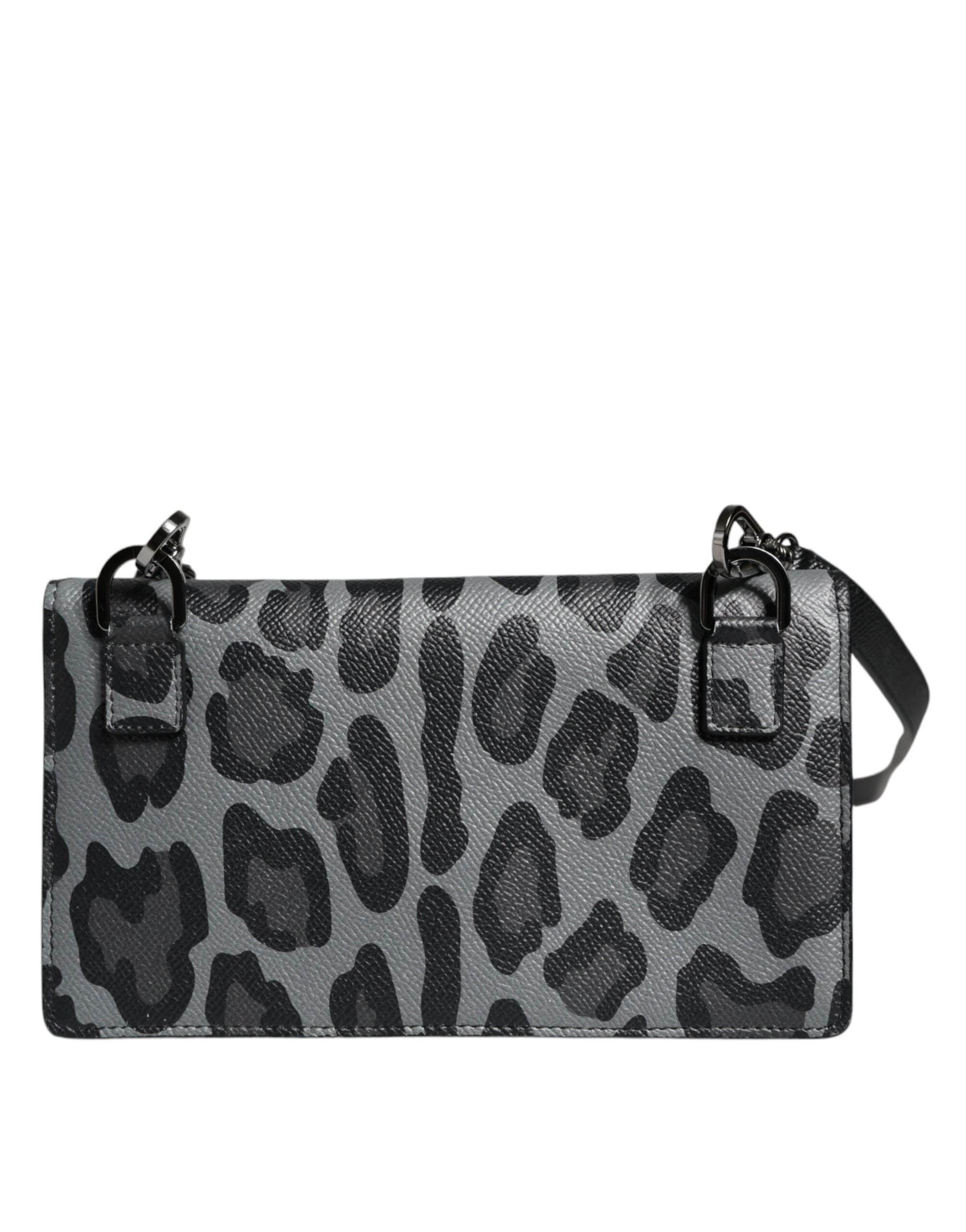 Dolce & Gabbana Black Gray Leopard Leather Bifold Card Slot Crossbody Bag - Hilstor
