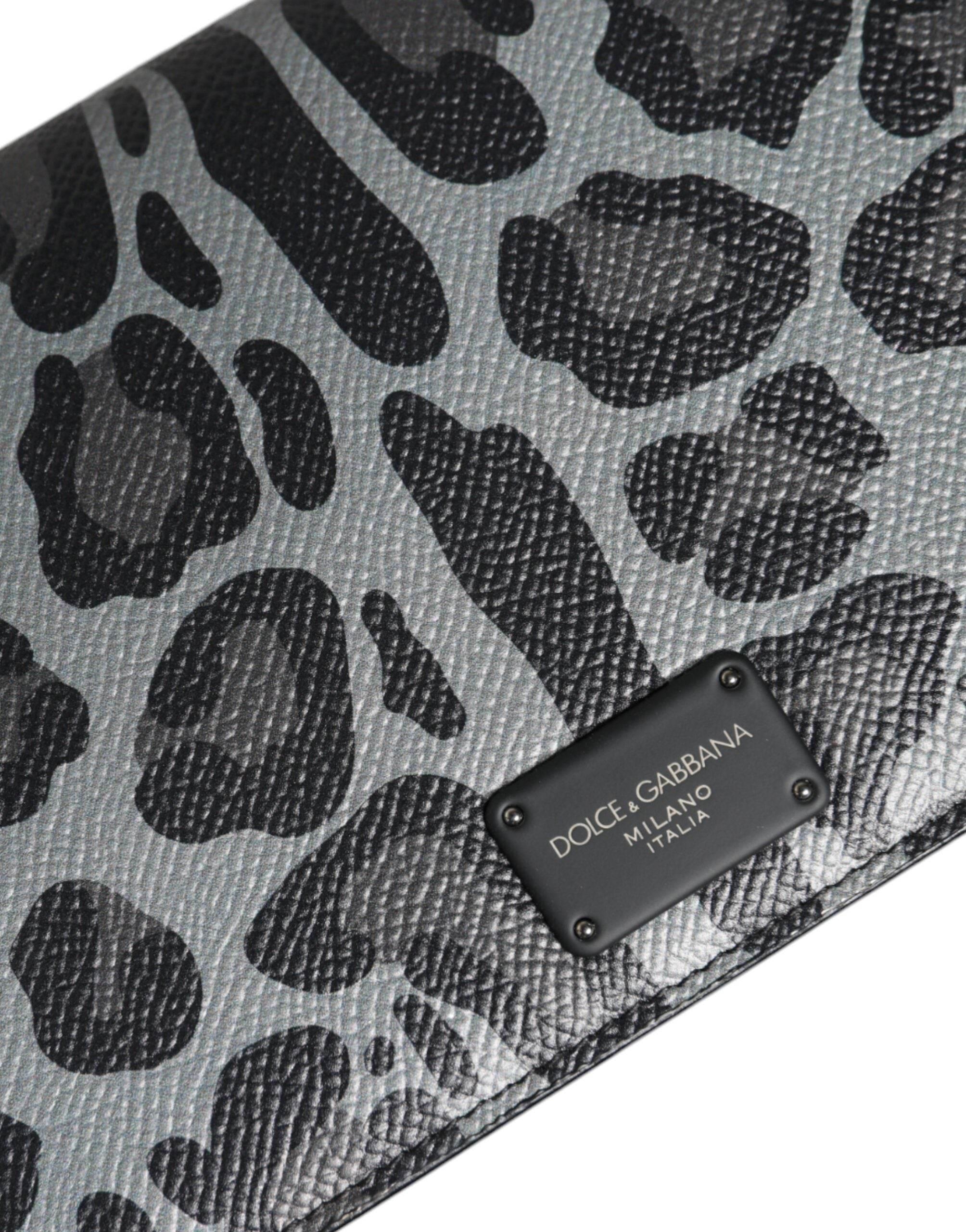 Dolce & Gabbana Black Gray Leopard Leather Bifold Card Slot Crossbody Bag - Hilstor