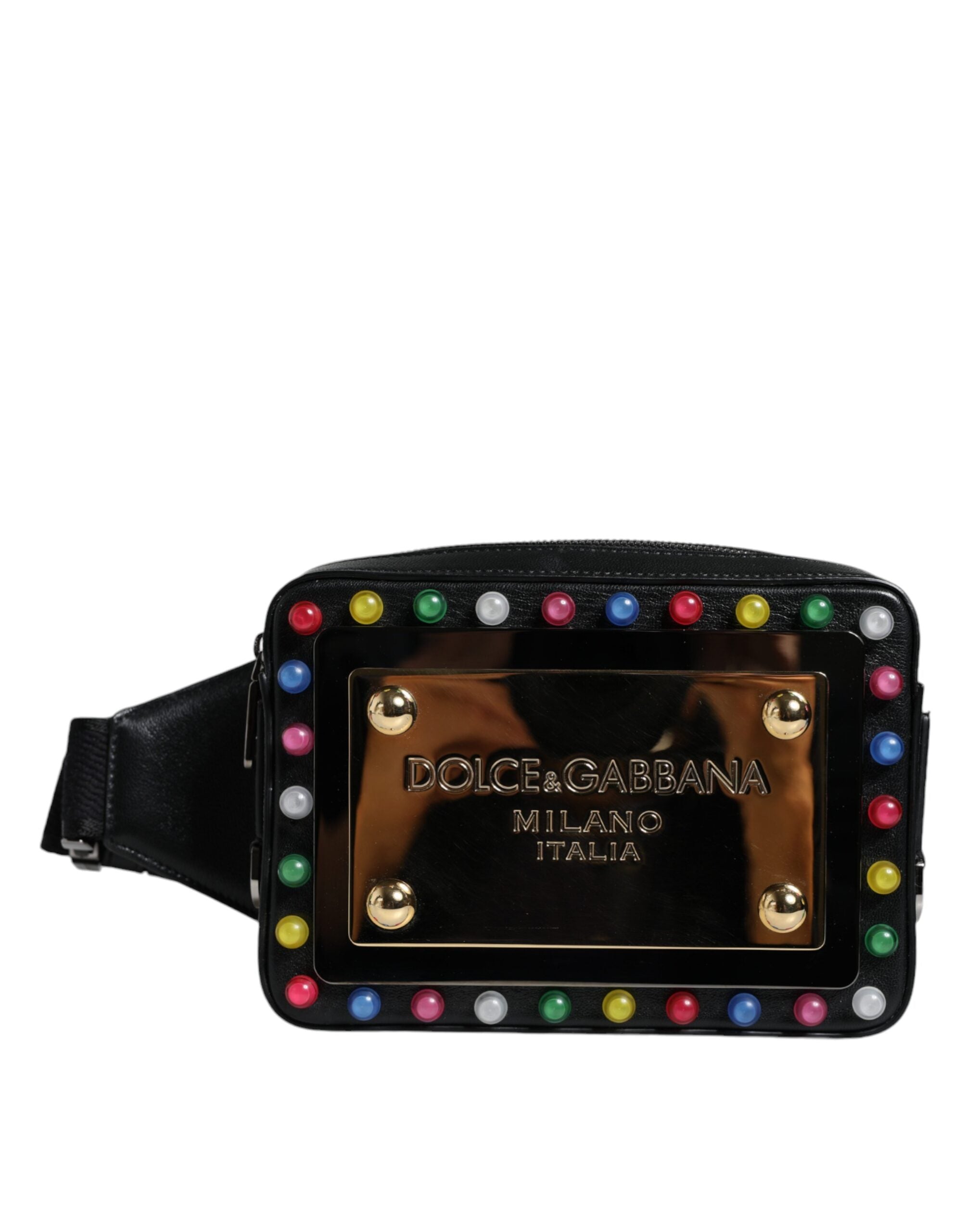 Dolce &amp; Gabbana Sort Læder LED Logo Bælte Talje Fanny Pack Taske