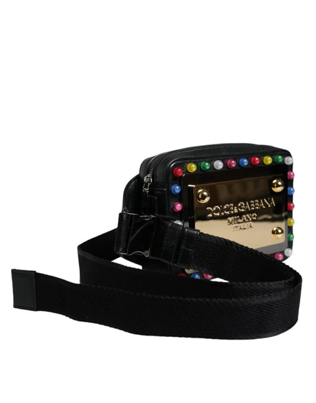 Dolce &amp; Gabbana Sort Læder LED Logo Bælte Talje Fanny Pack Taske