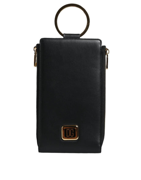 Dolce & Gabbana Black Leather Logo Plaque Neck Strap Card Coin Wallet - Hilstor