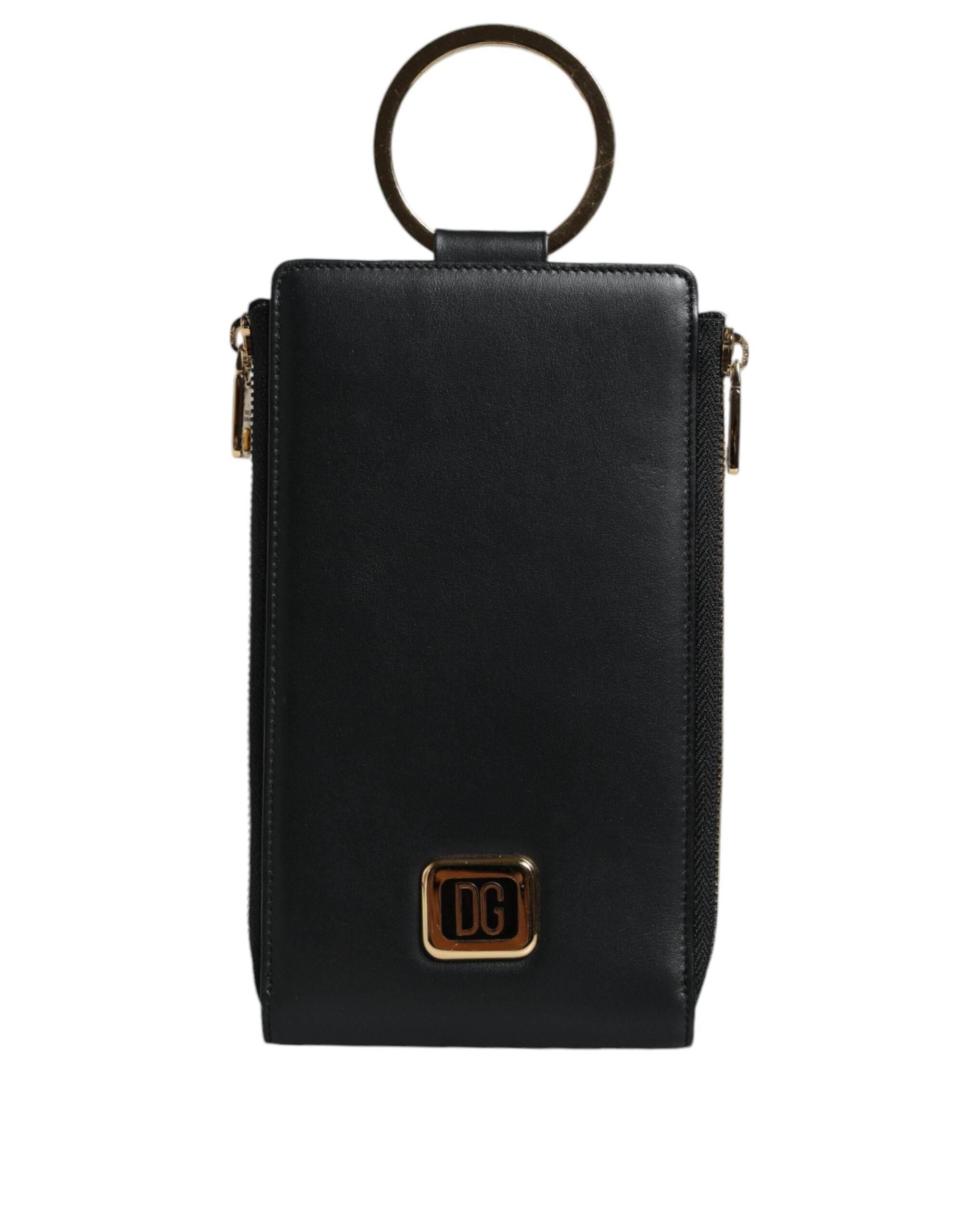 Dolce & Gabbana Black Leather Logo Plaque Neck Strap Card Coin Wallet - Hilstor