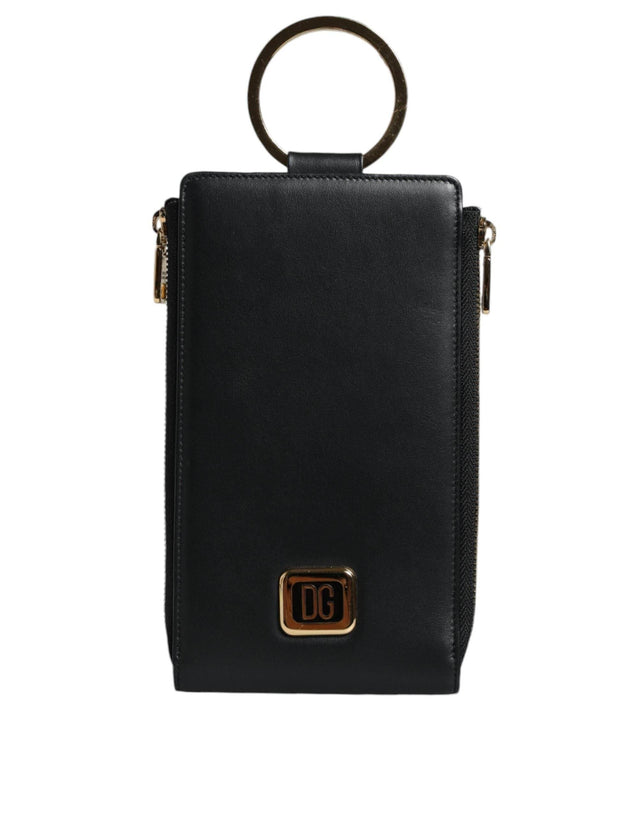 Dolce & Gabbana Black Leather Logo Plaque Neck Strap Card Coin Wallet - Hilstor