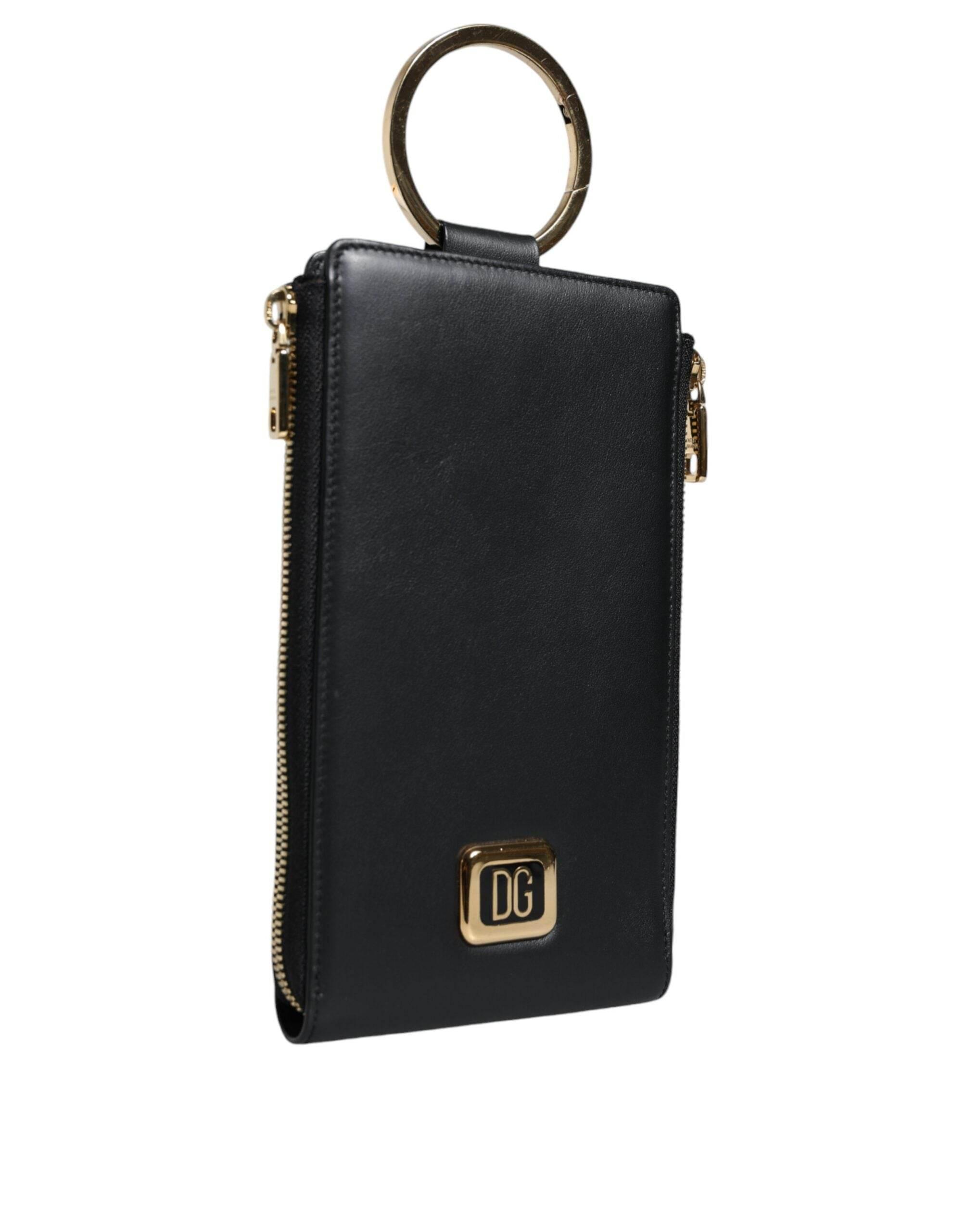 Dolce & Gabbana Black Leather Logo Plaque Neck Strap Card Coin Wallet - Hilstor