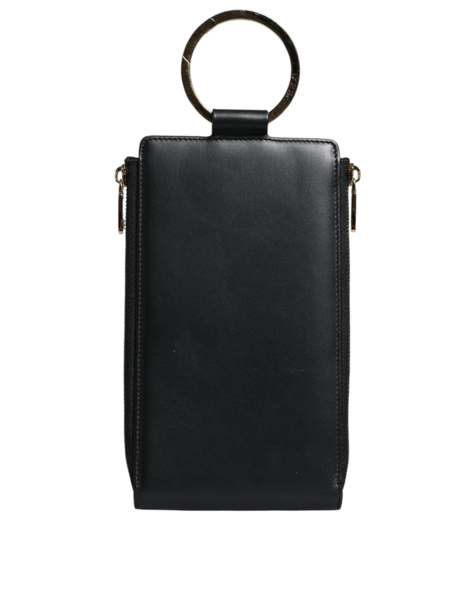 Dolce & Gabbana Black Leather Logo Plaque Neck Strap Card Coin Wallet - Hilstor