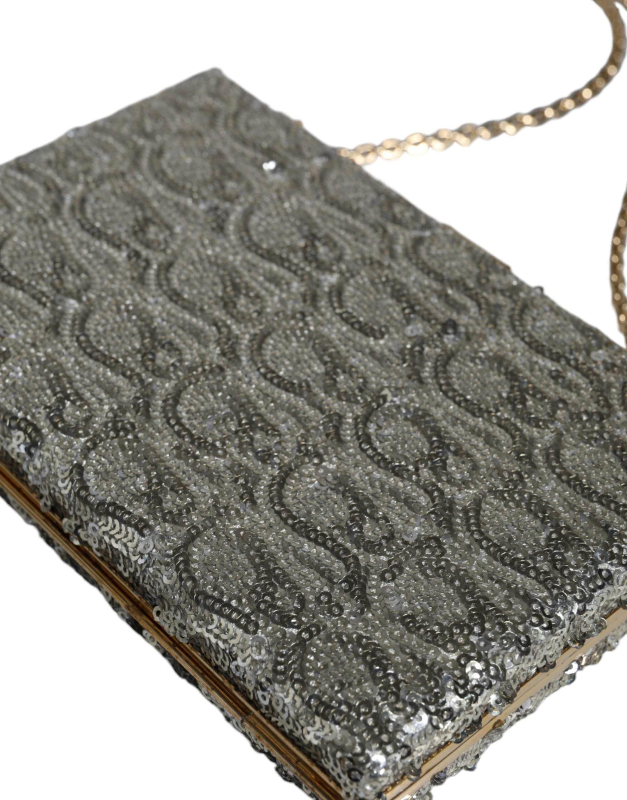 Dolce & Gabbana Silver Sequined Clutch Evening Crossbody Bag - Hilstor