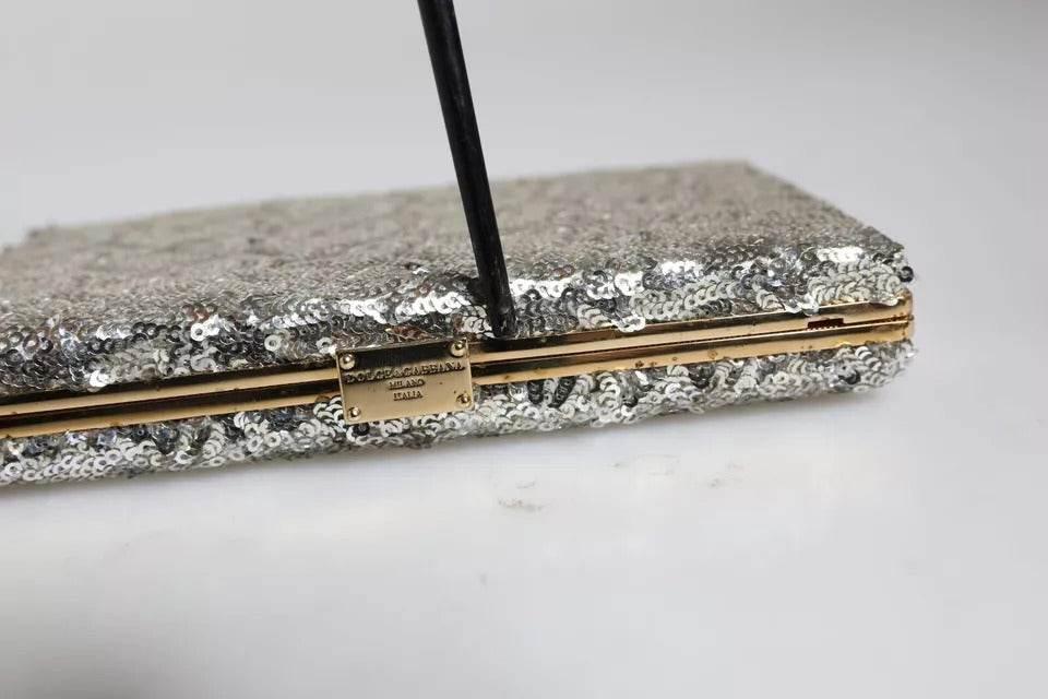 Dolce & Gabbana Silver Sequined Clutch Evening Crossbody Bag - Hilstor