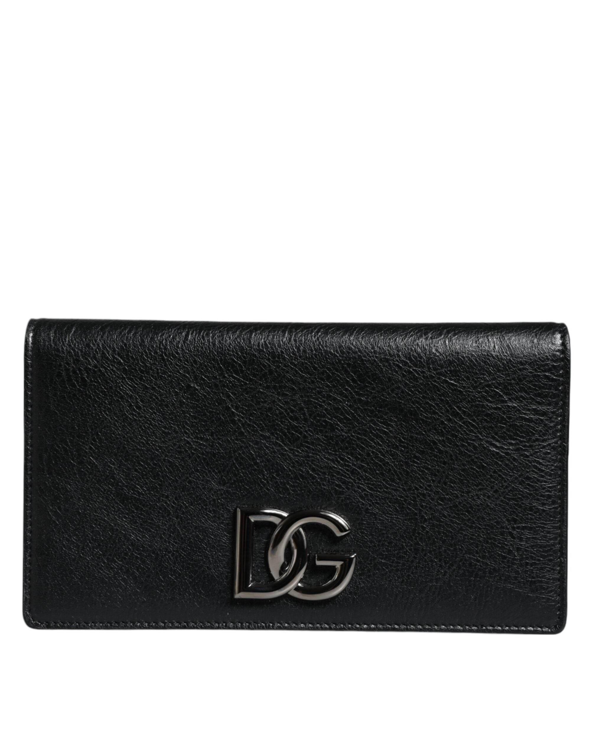 Dolce & Gabbana Black Leather DG Logo Bifold Card Slot Crossbody Bag - Hilstor