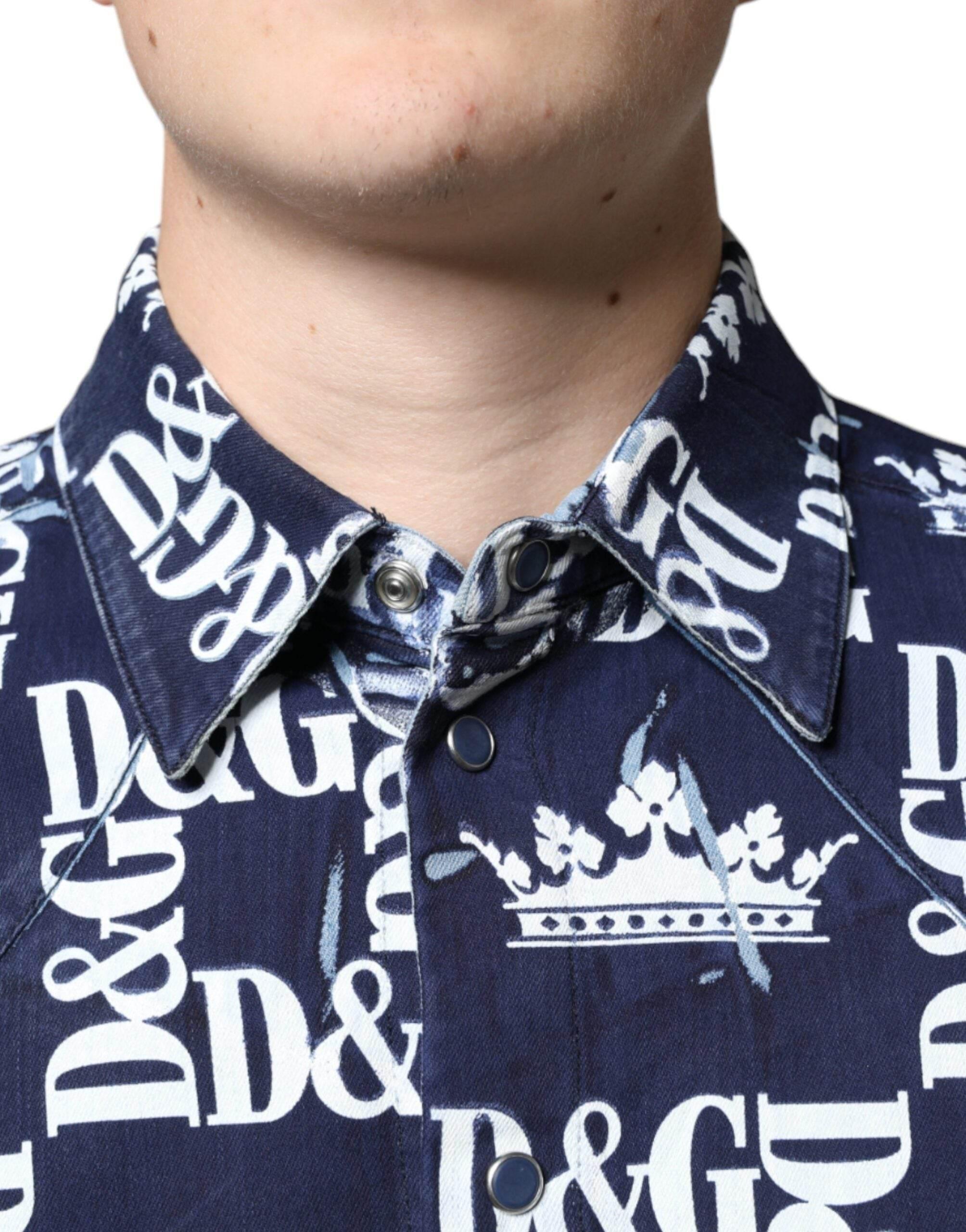 Dolce & Gabbana Blue Crown Logo Print Slim Fit Cotton Shirt - Hilstor