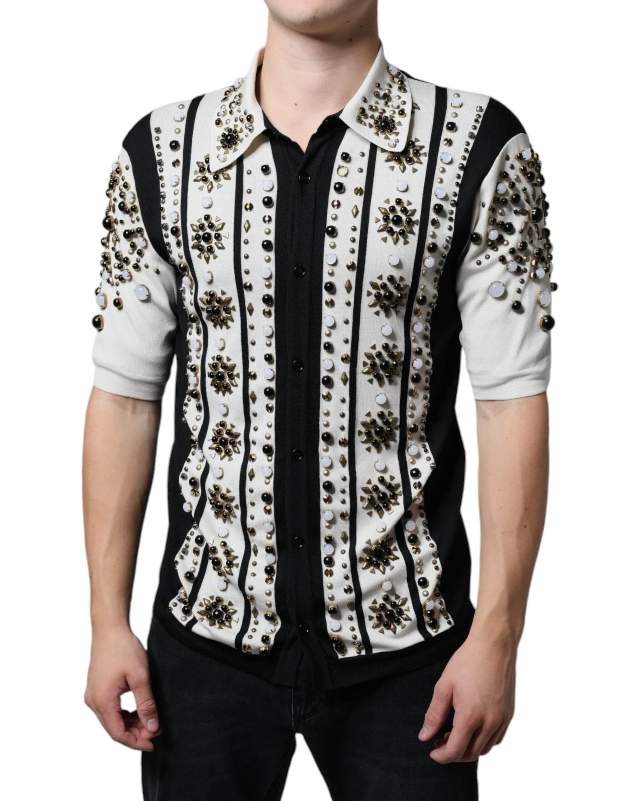 Dolce & Gabbana White Black Silk Studded Stone Crystal Shirt - Hilstor