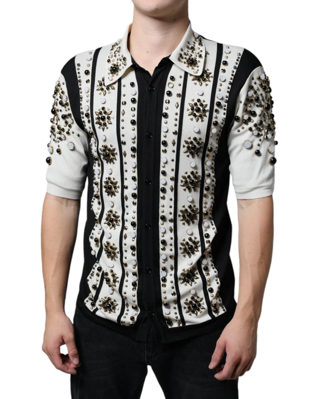 Dolce & Gabbana White Black Silk Studded Stone Crystal Shirt - Hilstor