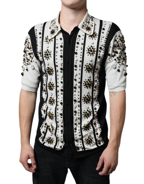 Dolce & Gabbana White Black Silk Studded Stone Crystal Shirt - Hilstor