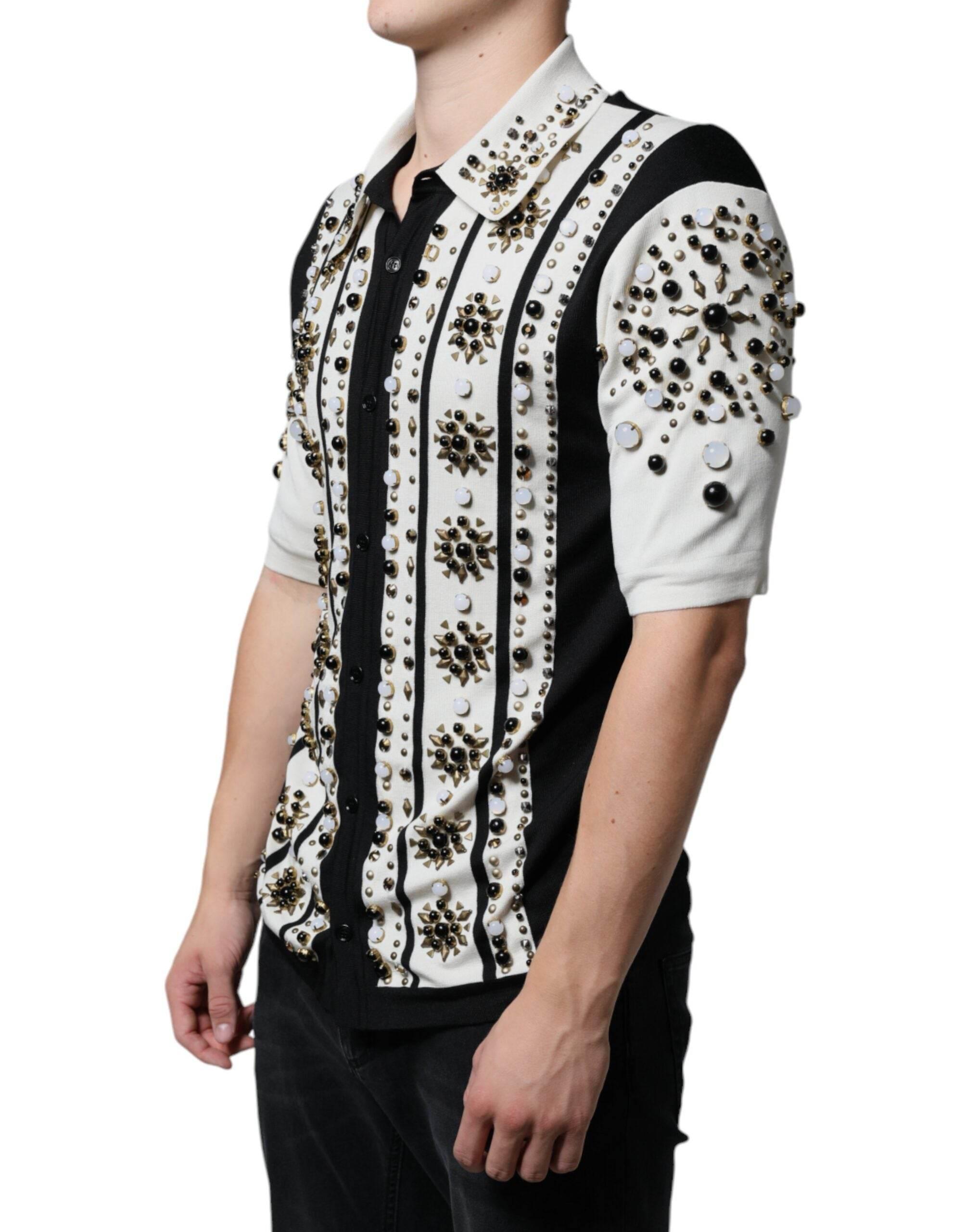 Dolce & Gabbana White Black Silk Studded Stone Crystal Shirt - Hilstor