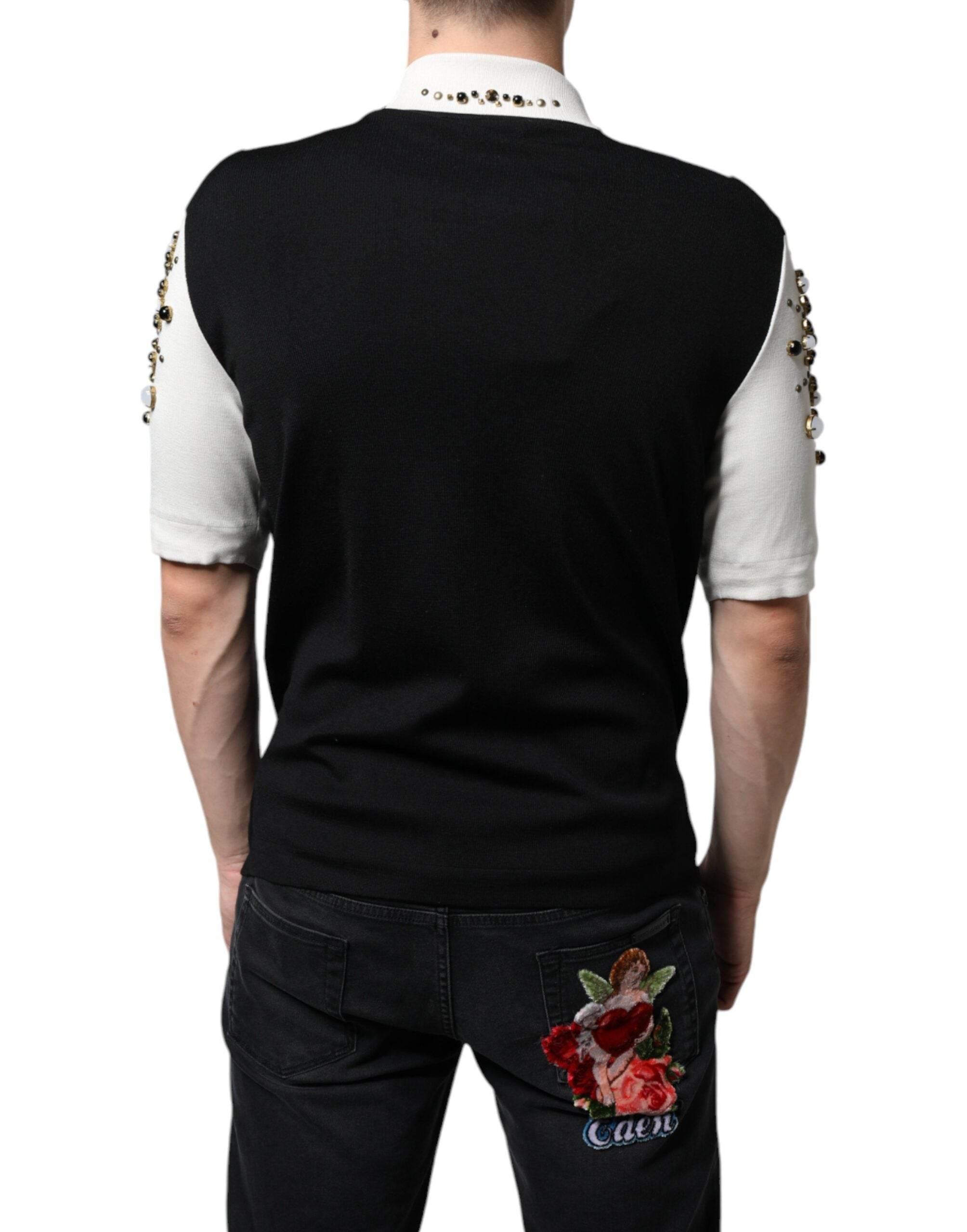 Dolce & Gabbana White Black Silk Studded Stone Crystal Shirt - Hilstor