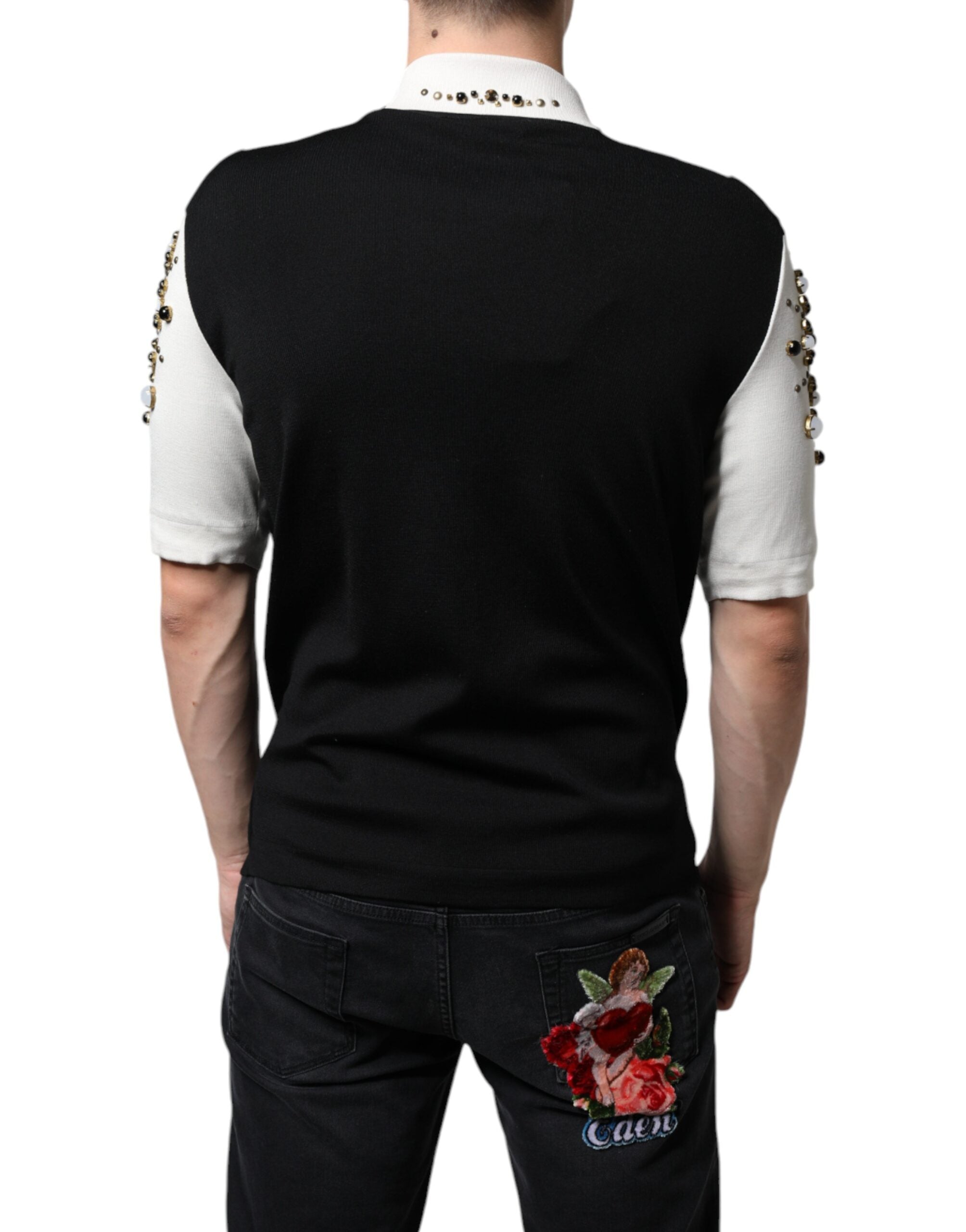 Dolce &amp; Gabbana hvid sort silke besat sten krystalskjorte