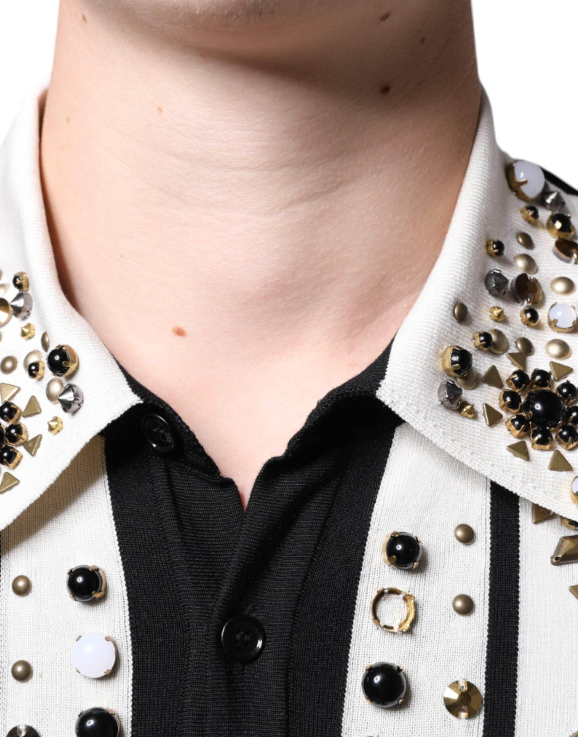Dolce & Gabbana White Black Silk Studded Stone Crystal Shirt - Hilstor