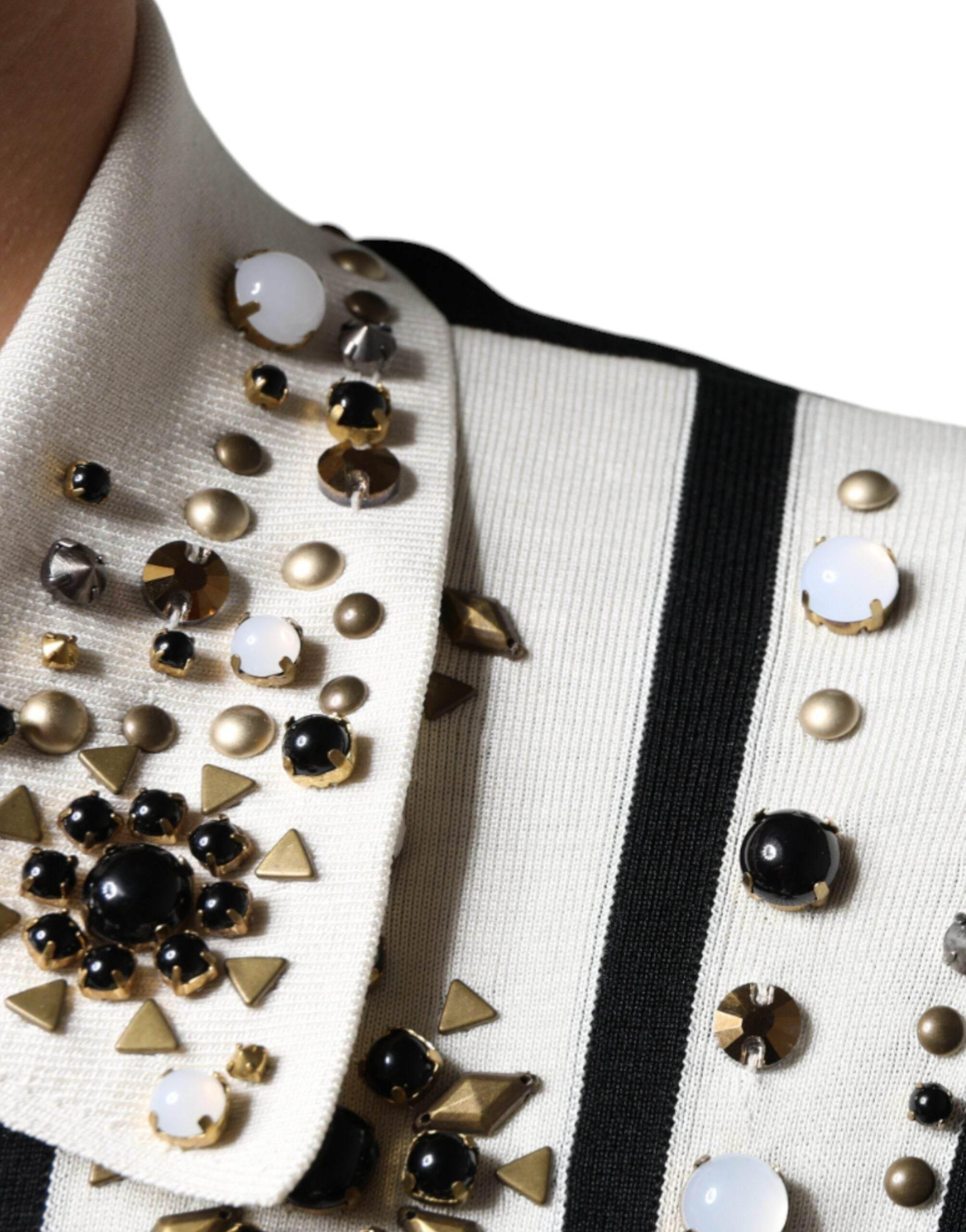 Dolce & Gabbana White Black Silk Studded Stone Crystal Shirt - Hilstor
