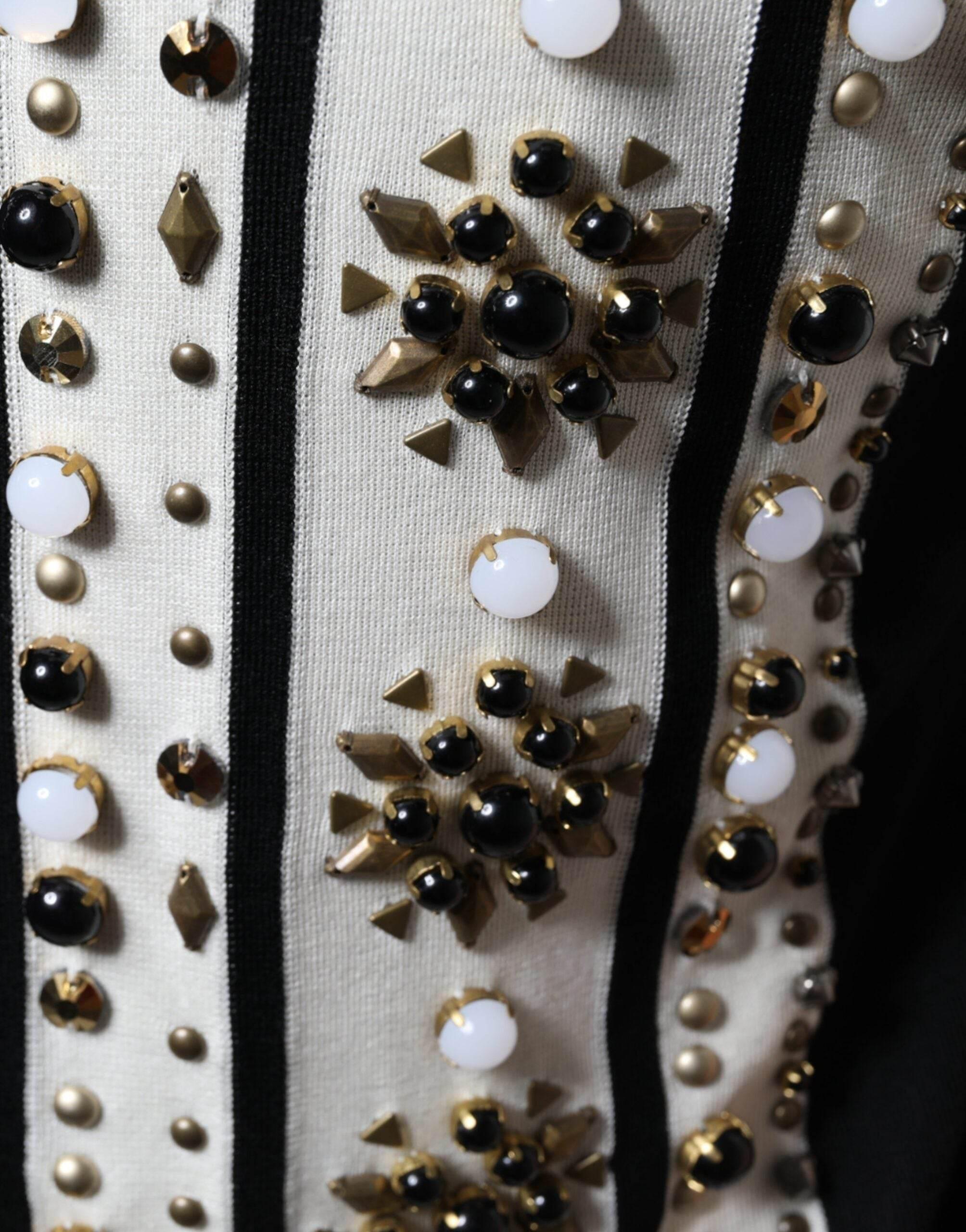 Dolce & Gabbana White Black Silk Studded Stone Crystal Shirt - Hilstor