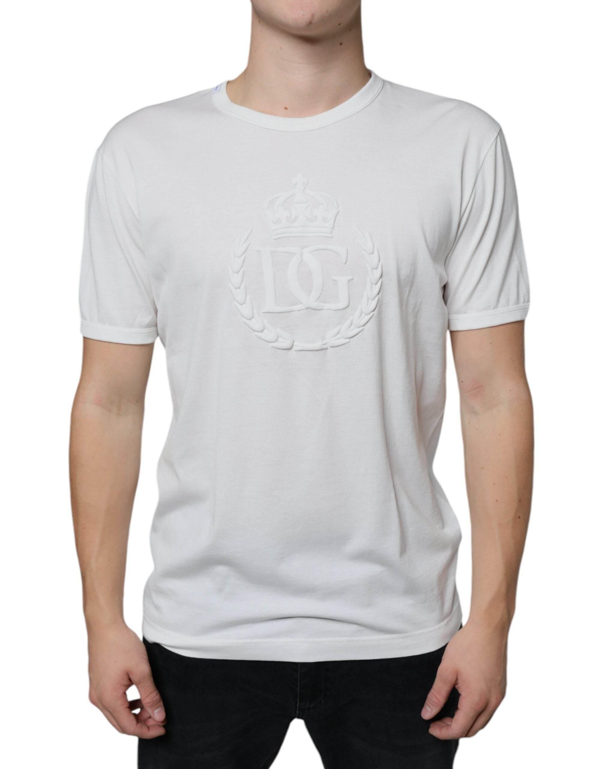 Dolce & Gabbana White Logo Embossed Cotton Crewneck T-shirt - Hilstor