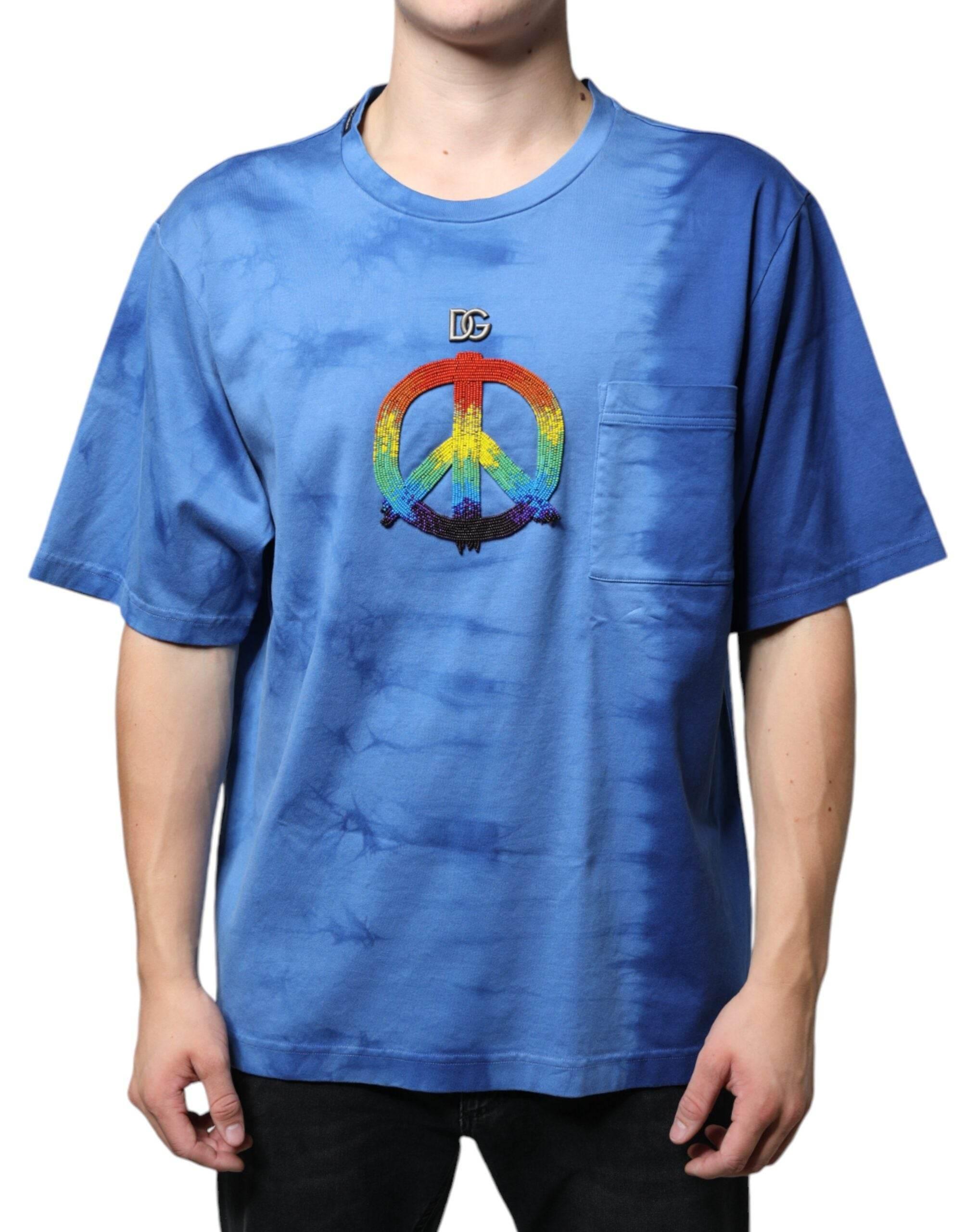 Dolce & Gabbana Blue Tie-Dye Peace Sign Cotton T-shirt - Hilstor