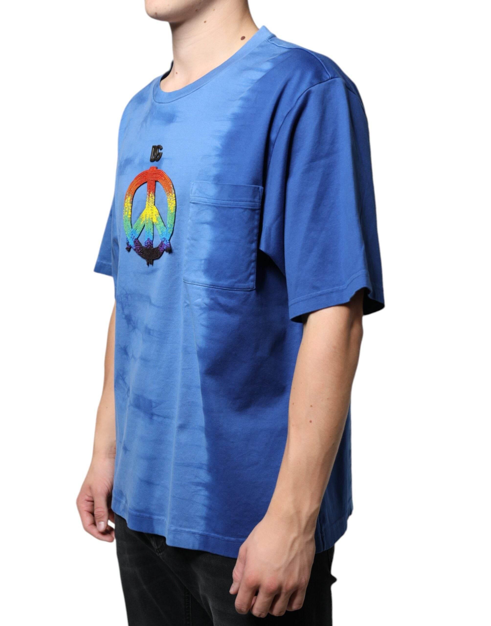 Dolce & Gabbana Blue Tie-Dye Peace Sign Cotton T-shirt - Hilstor