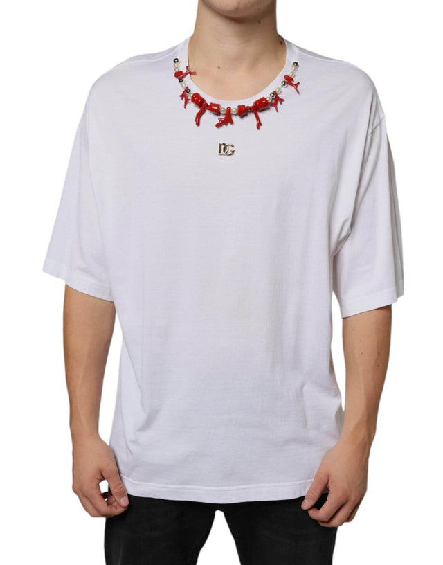 Dolce & Gabbana White Cotton Necklace Embellished T-shirt - Hilstor