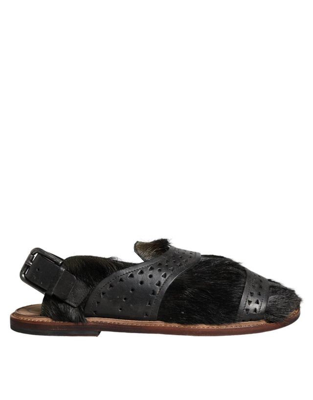 Dolce & Gabbana Black Gazelle Hair Leather Flats Sandals Shoes - Hilstor