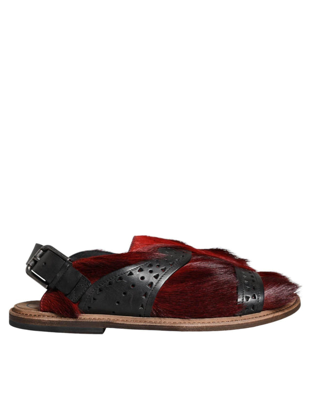 Dolce & Gabbana Black Red Gazelle Hair Leather Sandals Shoes - Hilstor