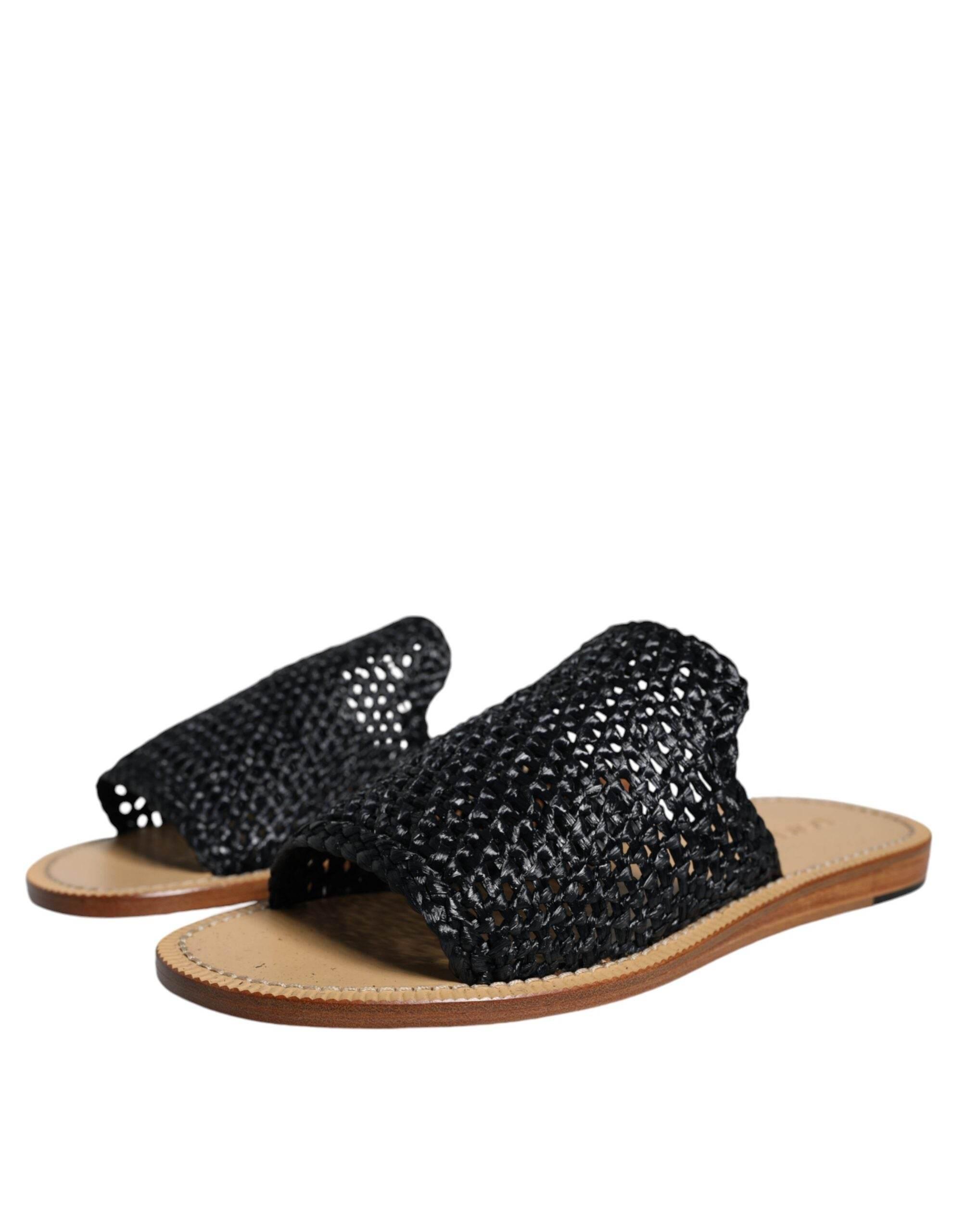 Dolce & Gabbana Black Monochrome Braided Raffia Slides Shoes - Hilstor