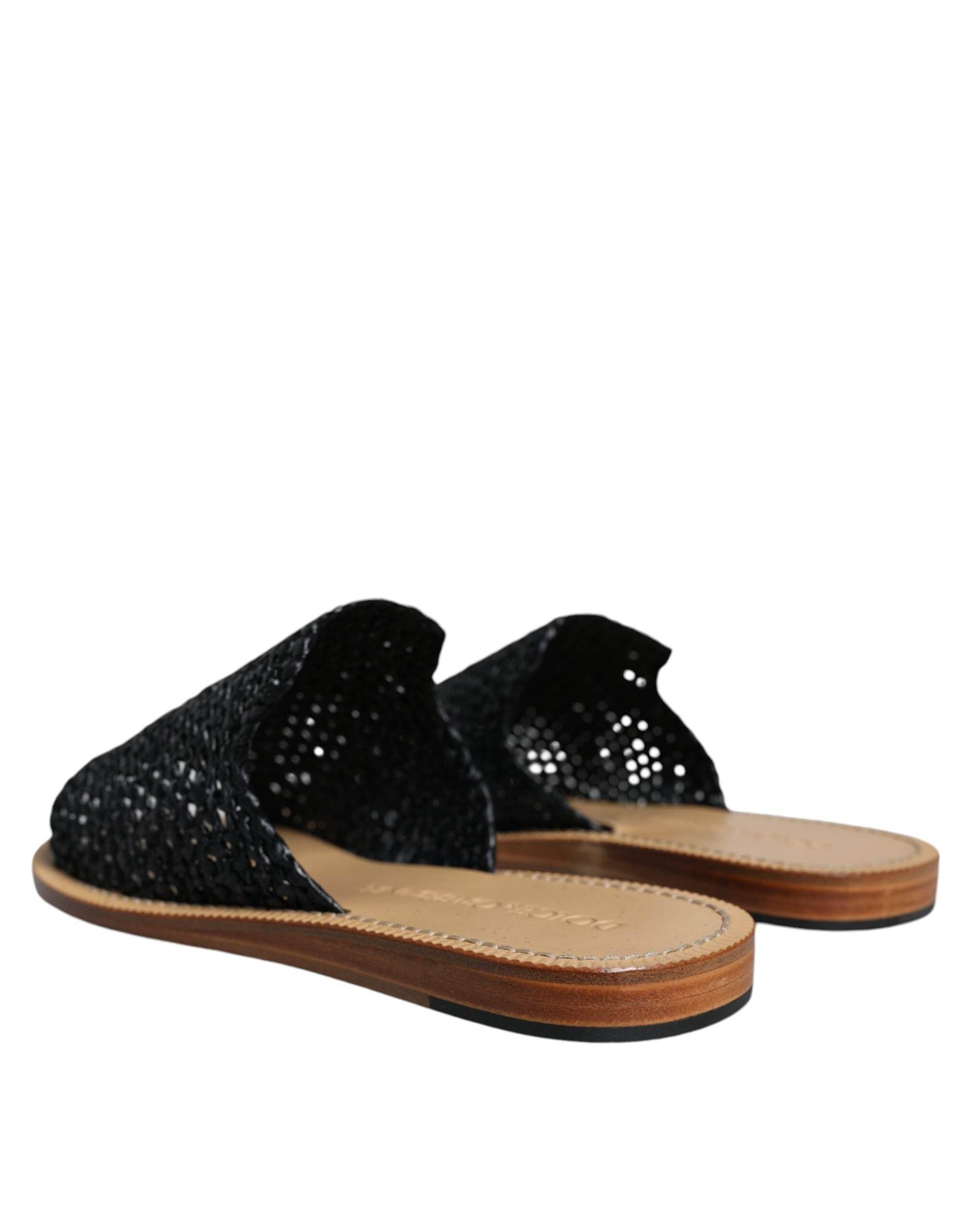 Dolce & Gabbana Black Monochrome Braided Raffia Slides Shoes - Hilstor