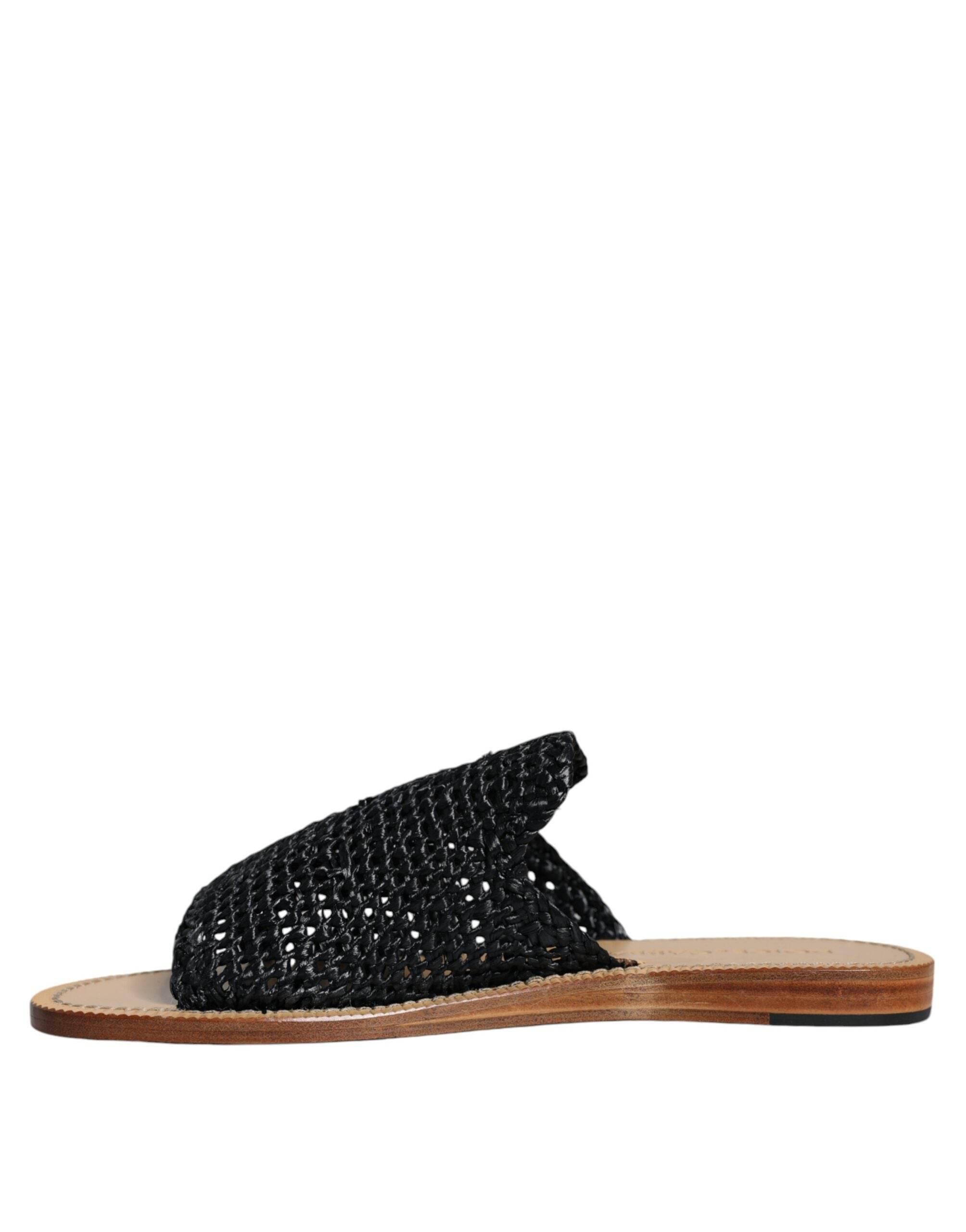 Dolce & Gabbana Black Monochrome Braided Raffia Slides Shoes - Hilstor