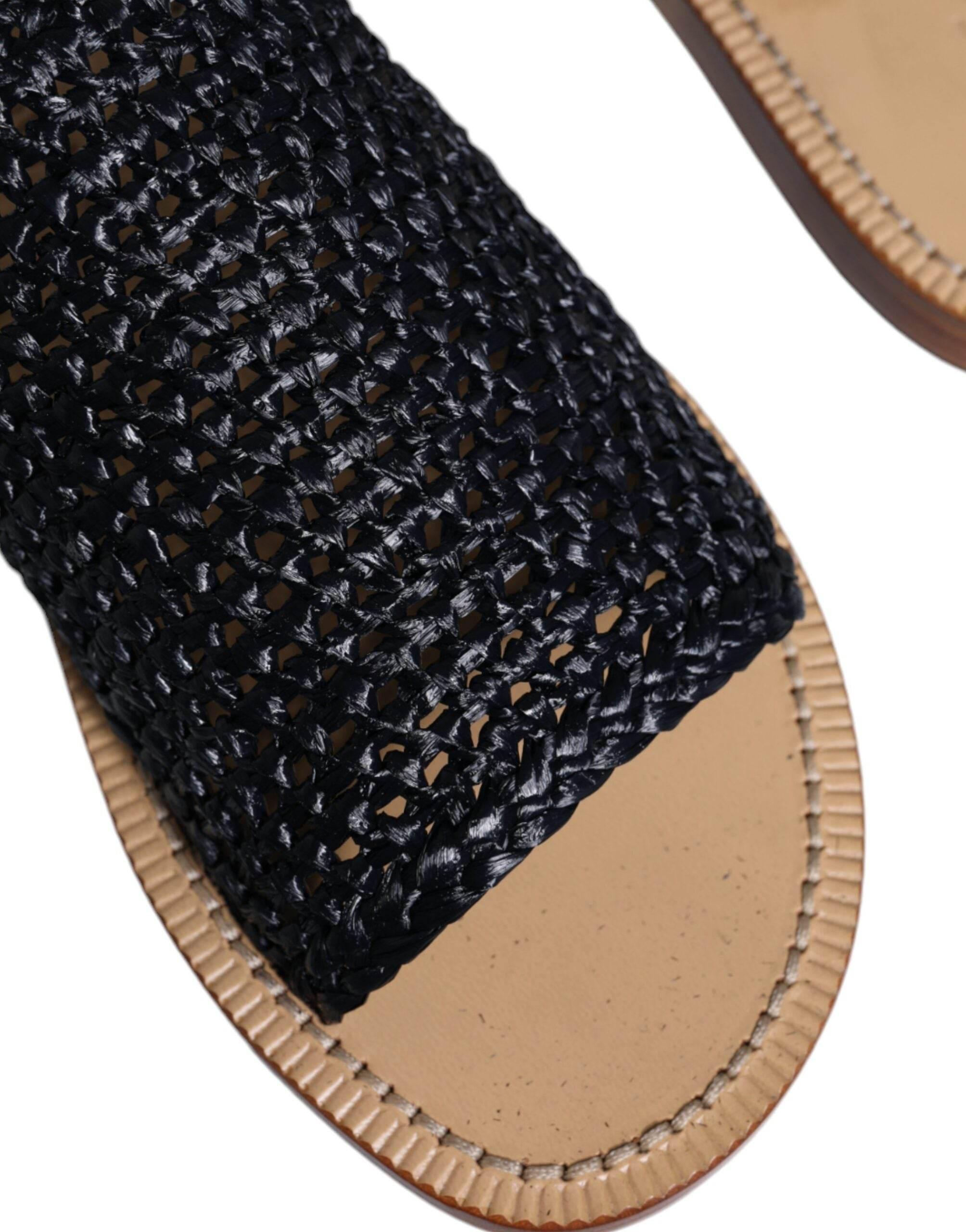 Dolce & Gabbana Black Monochrome Braided Raffia Slides Shoes - Hilstor