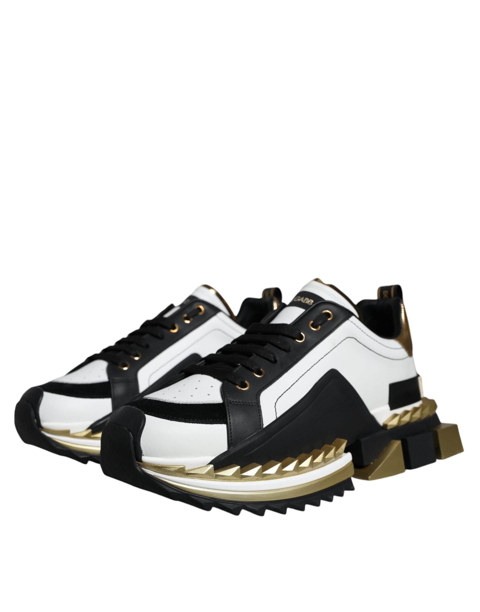 Dolce & Gabbana White Gold Black Leather SUPER KING Sneakers Shoes - Hilstor