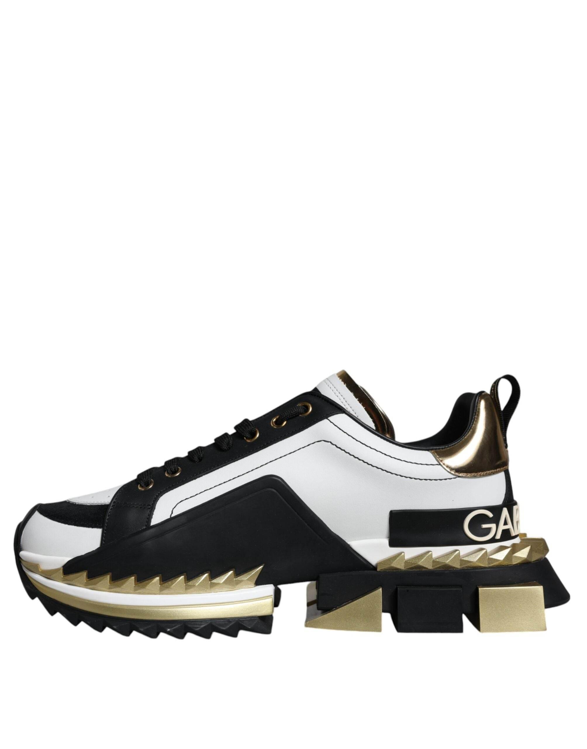 Dolce & Gabbana White Gold Black Leather SUPER KING Sneakers Shoes - Hilstor