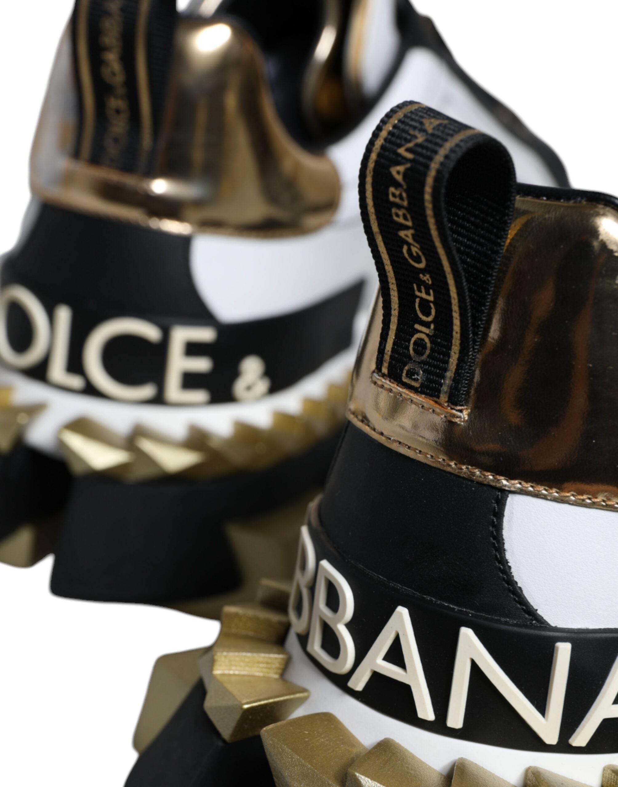 Dolce & Gabbana White Gold Black Leather SUPER KING Sneakers Shoes - Hilstor