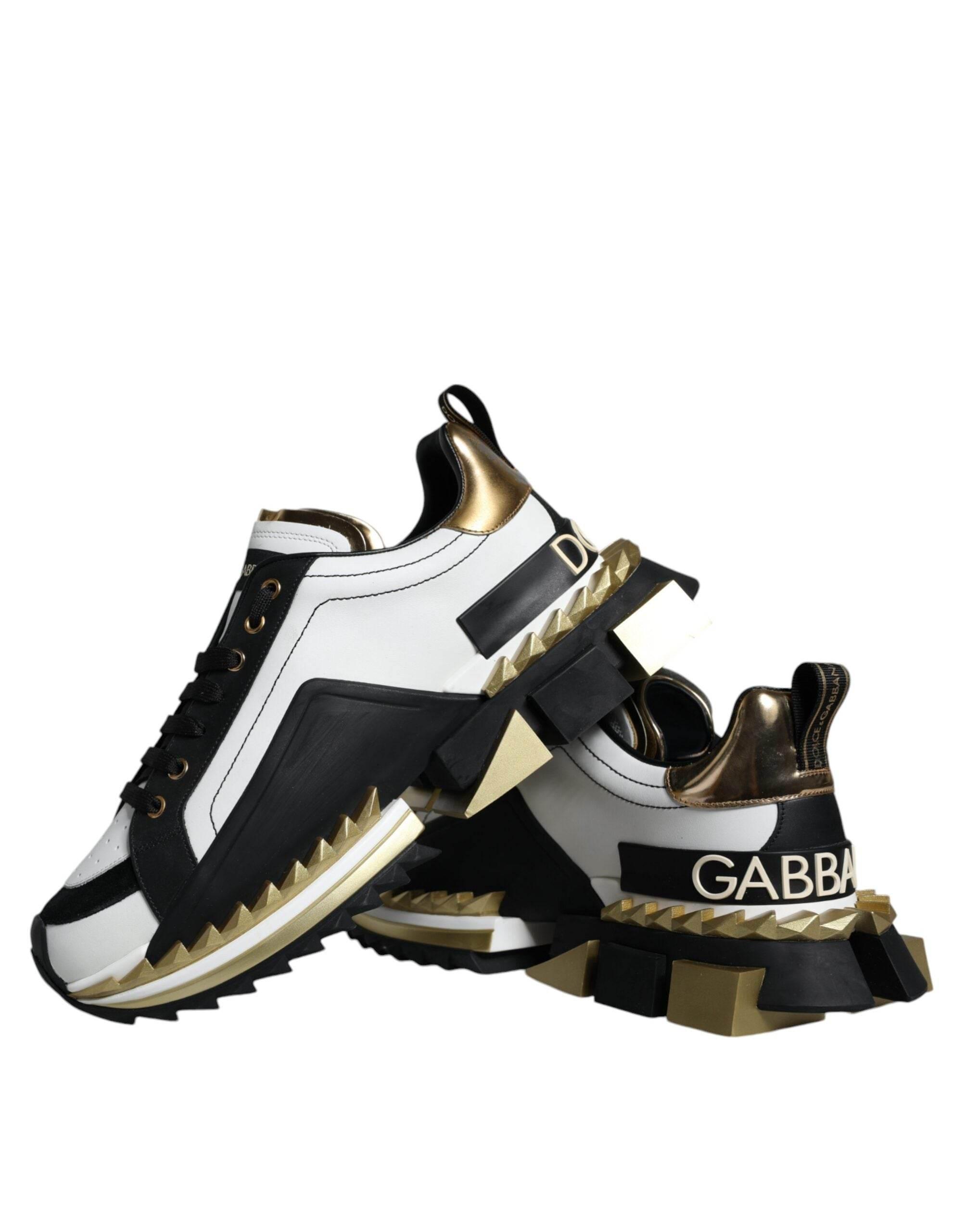 Dolce & Gabbana White Gold Black Leather SUPER KING Sneakers Shoes - Hilstor