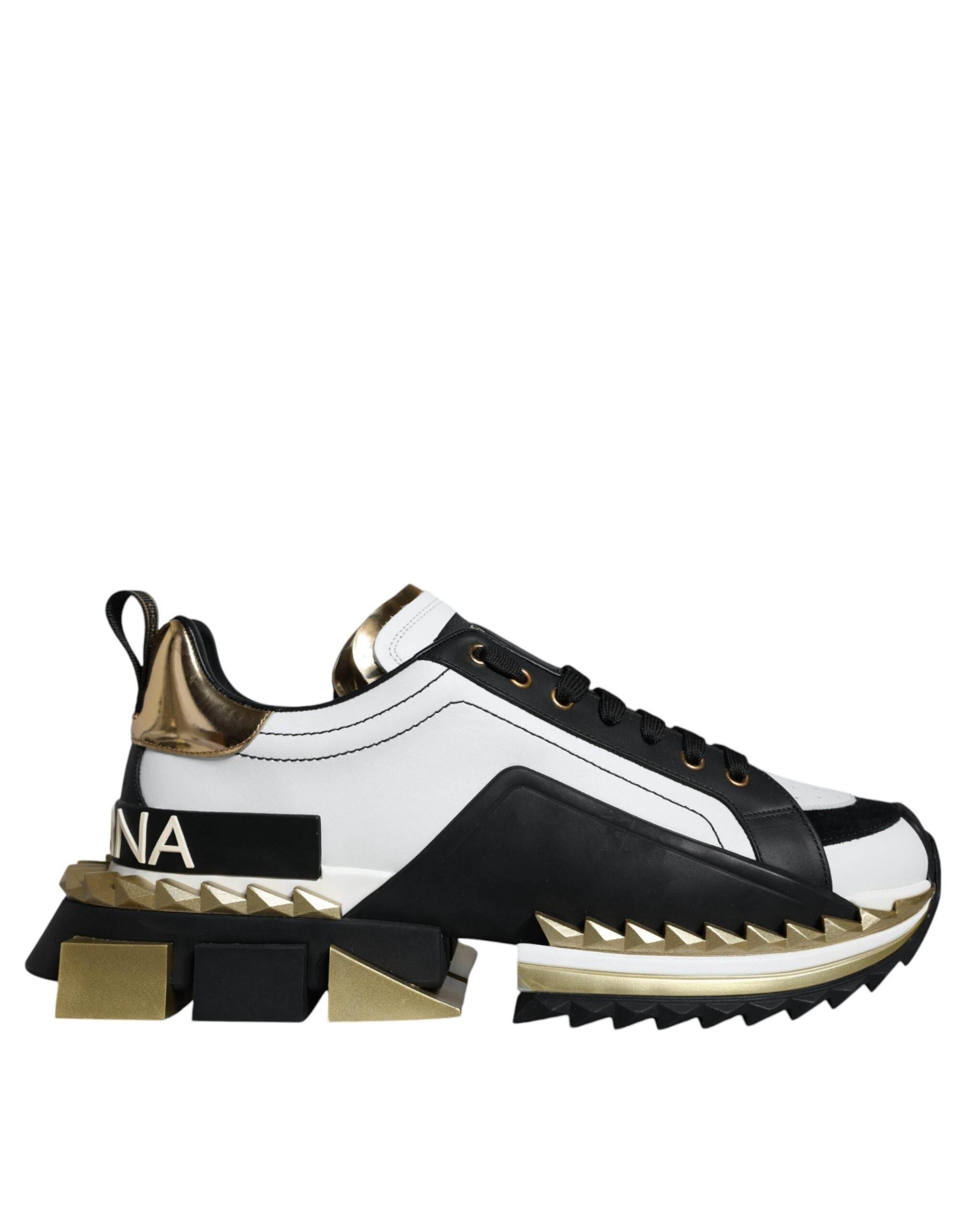 Dolce & Gabbana White Gold Black Leather SUPER KING Sneakers Shoes - Hilstor