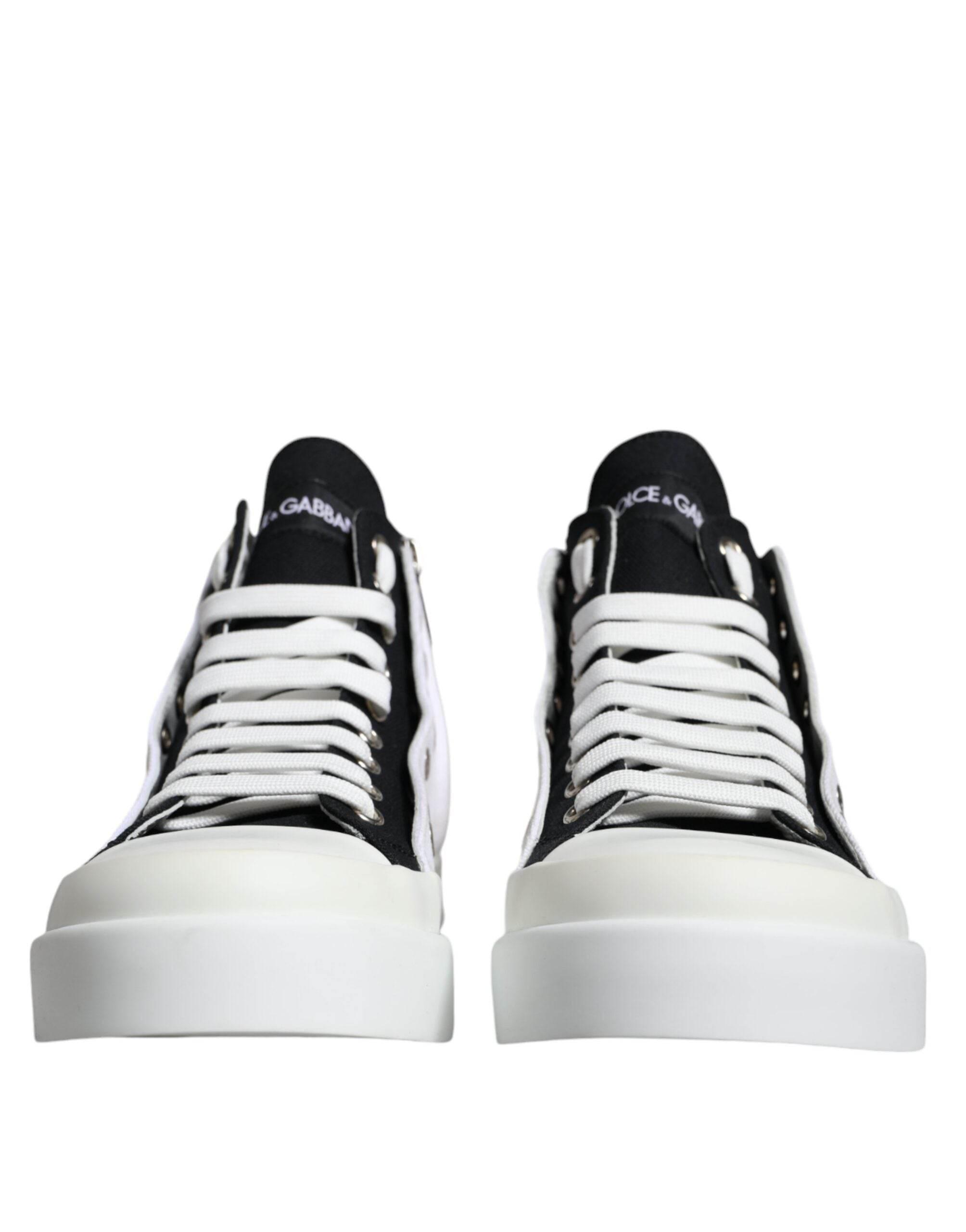 Dolce & Gabbana White Black Cotton Logo High Top Sneaker Shoes - Hilstor