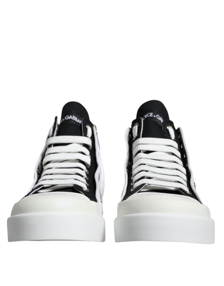 Dolce & Gabbana White Black Cotton Logo High Top Sneaker Shoes - Hilstor