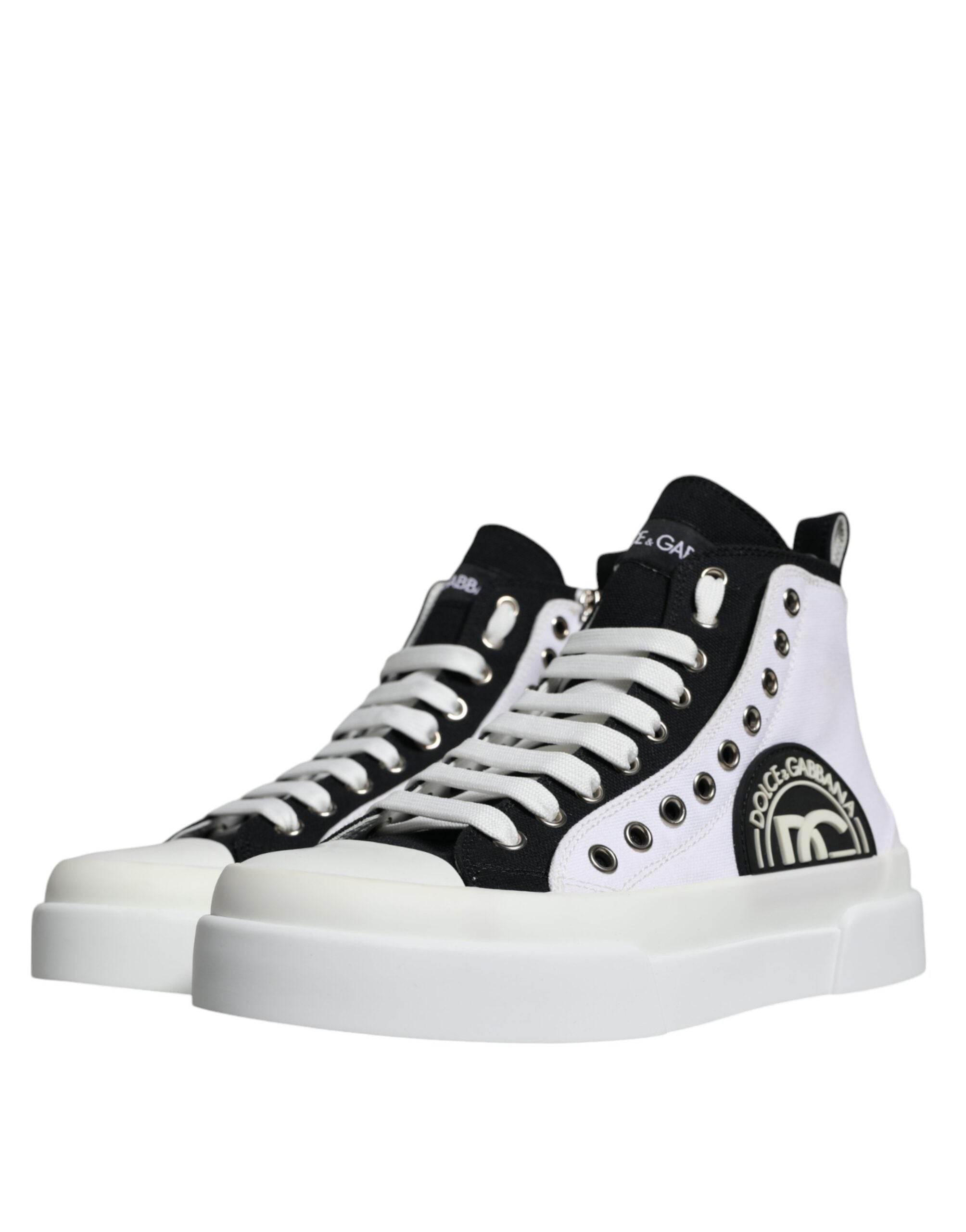 Dolce & Gabbana White Black Cotton Logo High Top Sneaker Shoes - Hilstor
