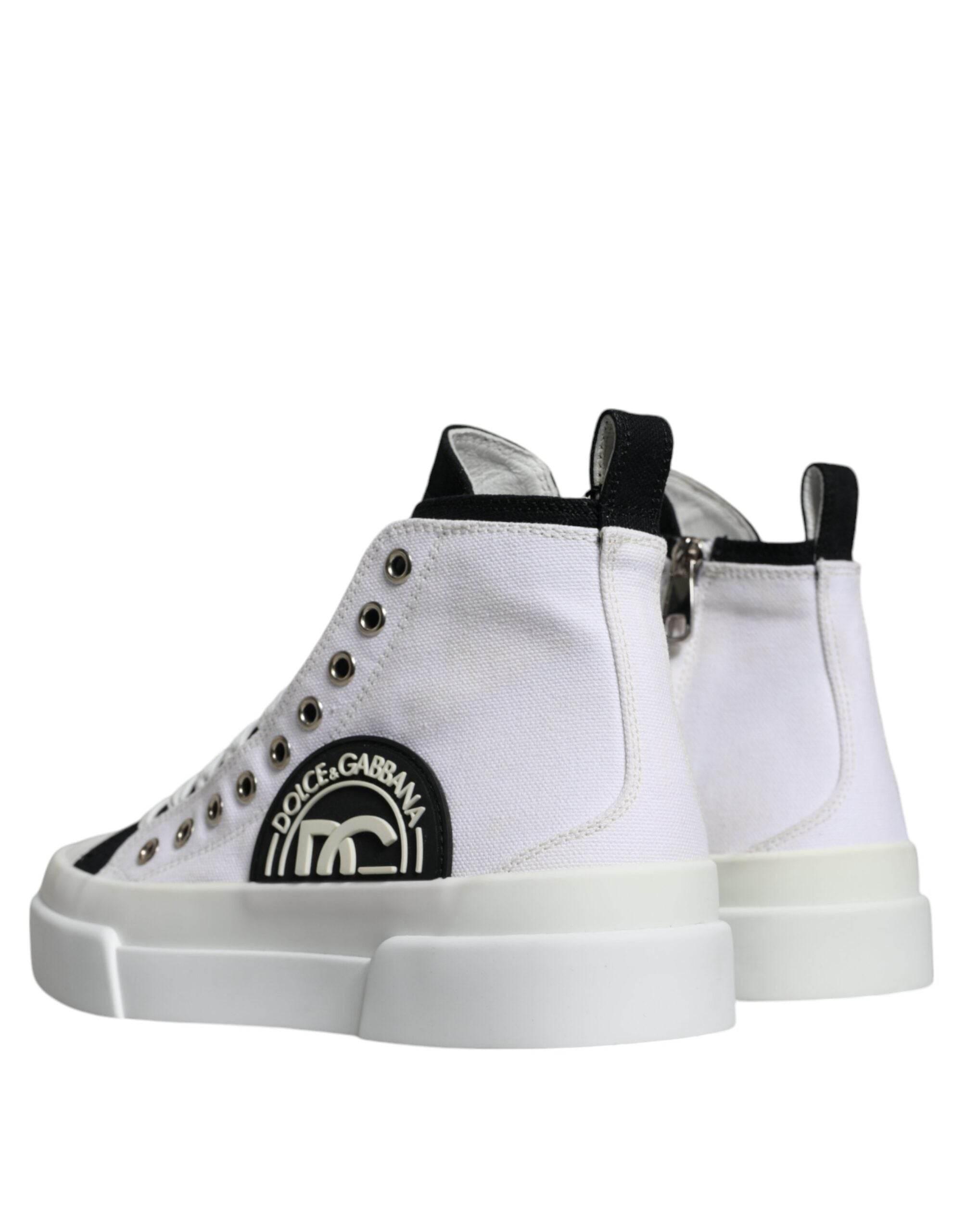 Dolce & Gabbana White Black Cotton Logo High Top Sneaker Shoes - Hilstor