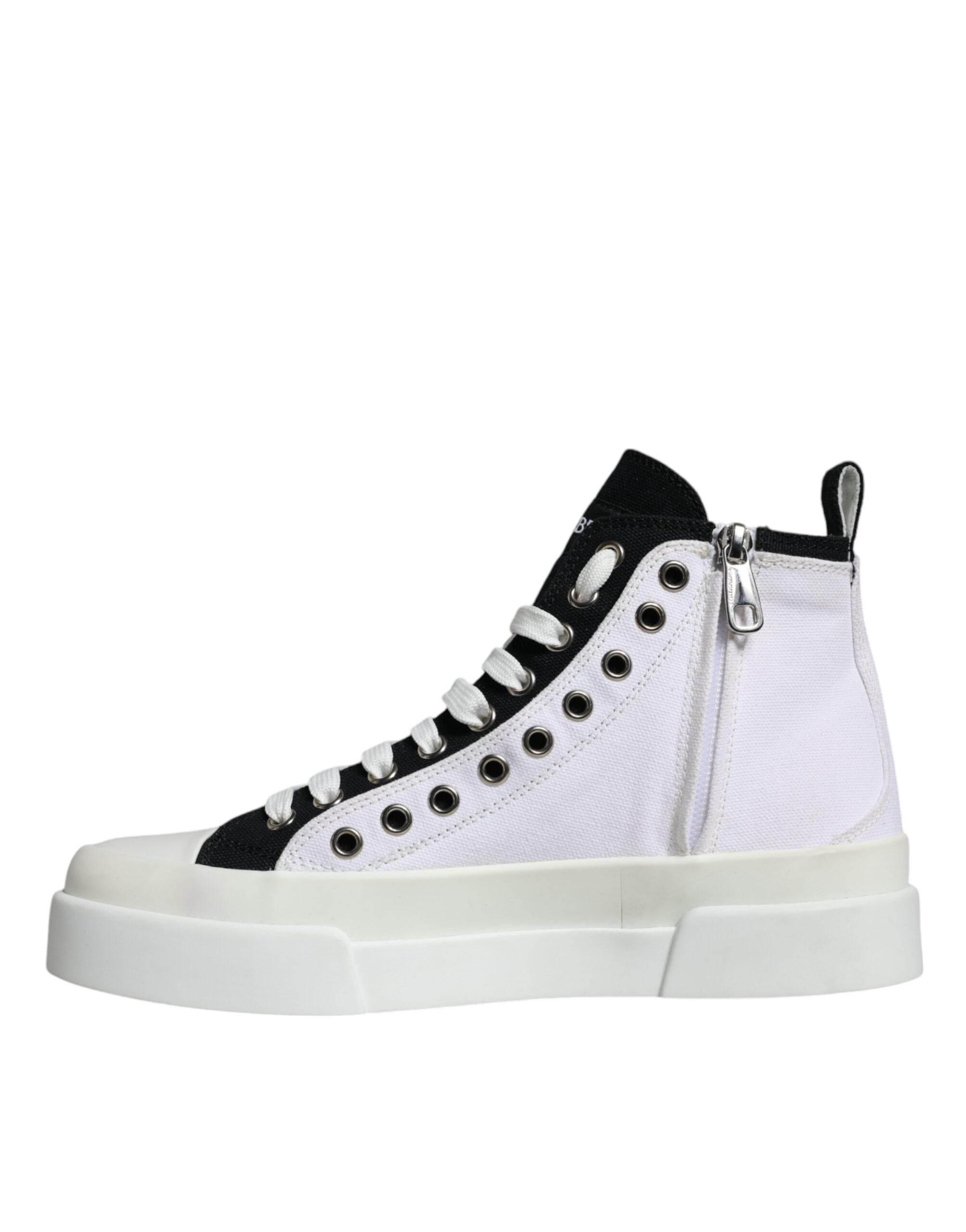 Dolce & Gabbana White Black Cotton Logo High Top Sneaker Shoes - Hilstor