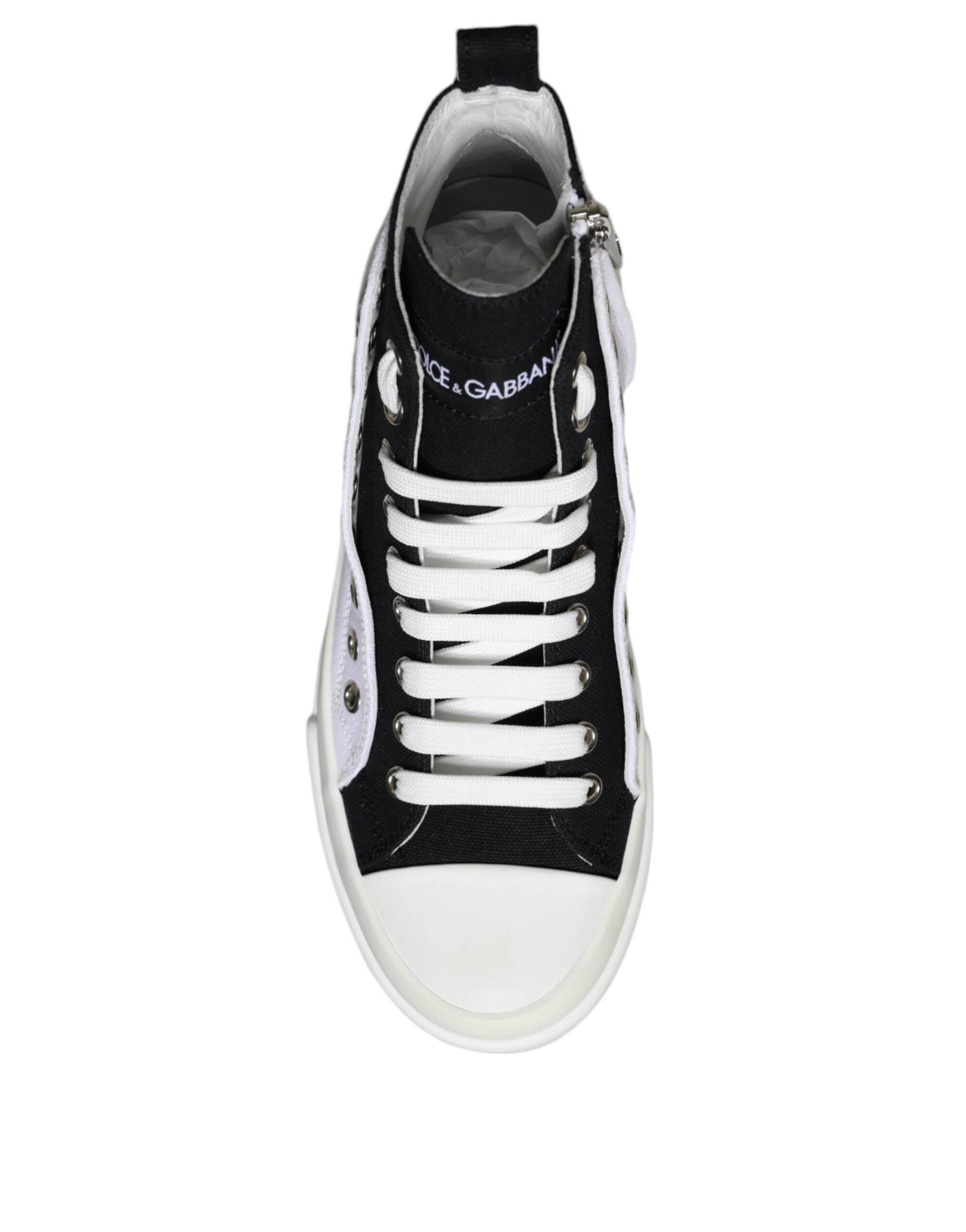 Dolce & Gabbana White Black Cotton Logo High Top Sneaker Shoes - Hilstor