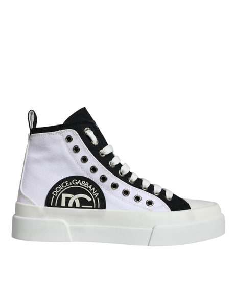 Dolce & Gabbana White Black Cotton Logo High Top Sneaker Shoes - Hilstor
