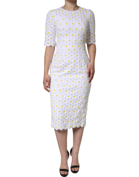 Dolce & Gabbana White Daisy Macrame Lace Sheath Midi Dress - Hilstor