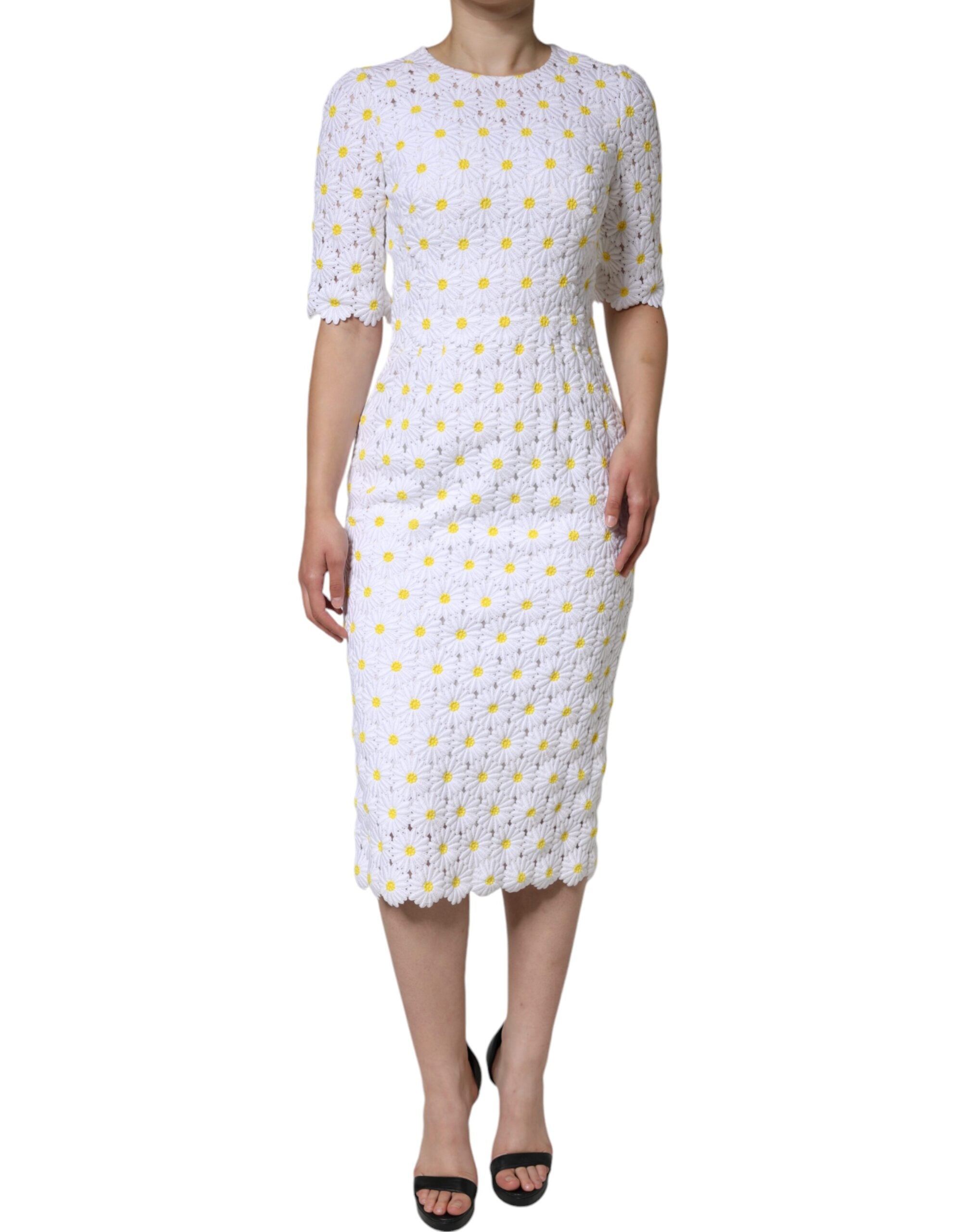 Dolce &amp; Gabbana White Daisy Macrame Lace Sheath Midi-kjole
