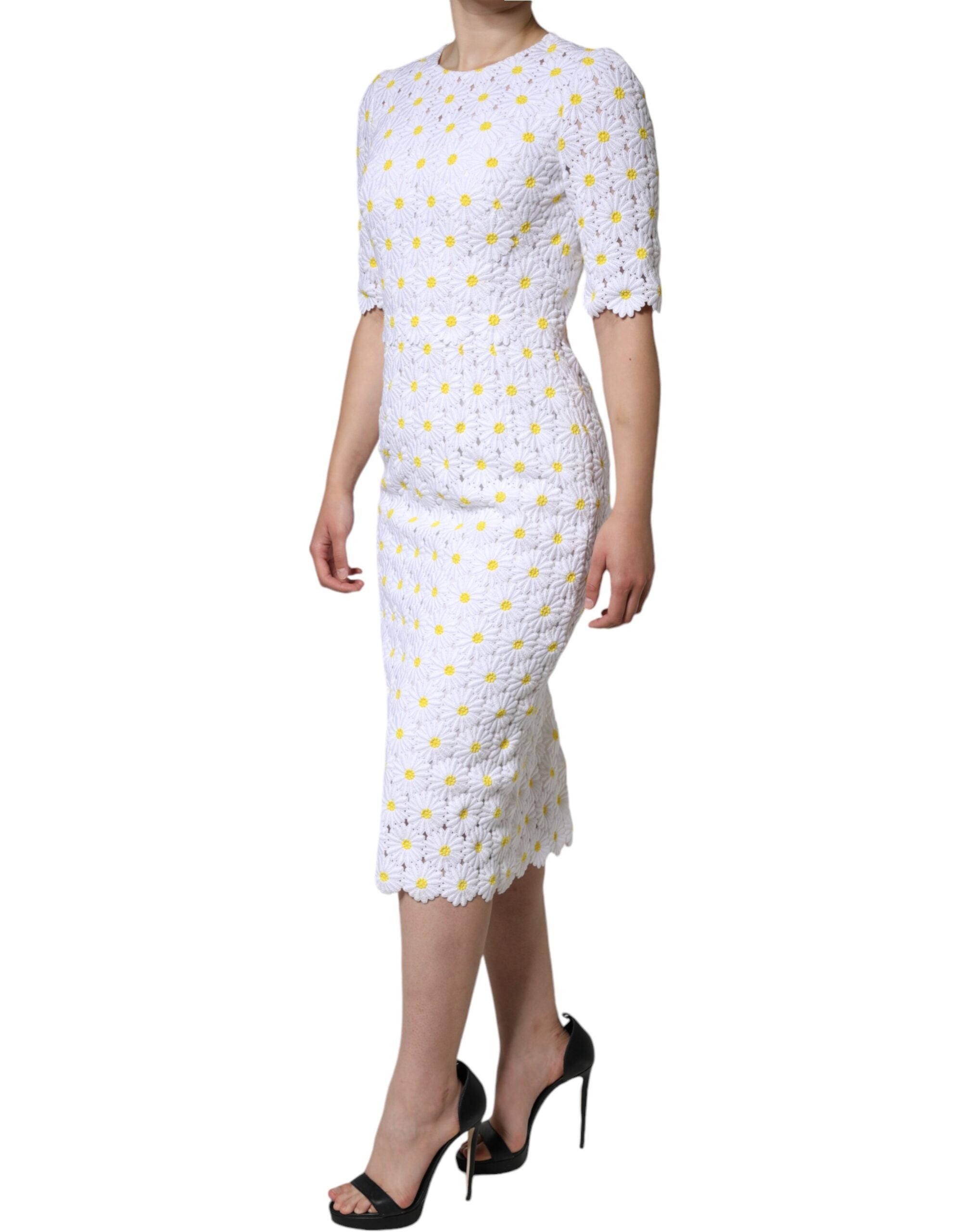 Dolce &amp; Gabbana White Daisy Macrame Lace Sheath Midi-kjole