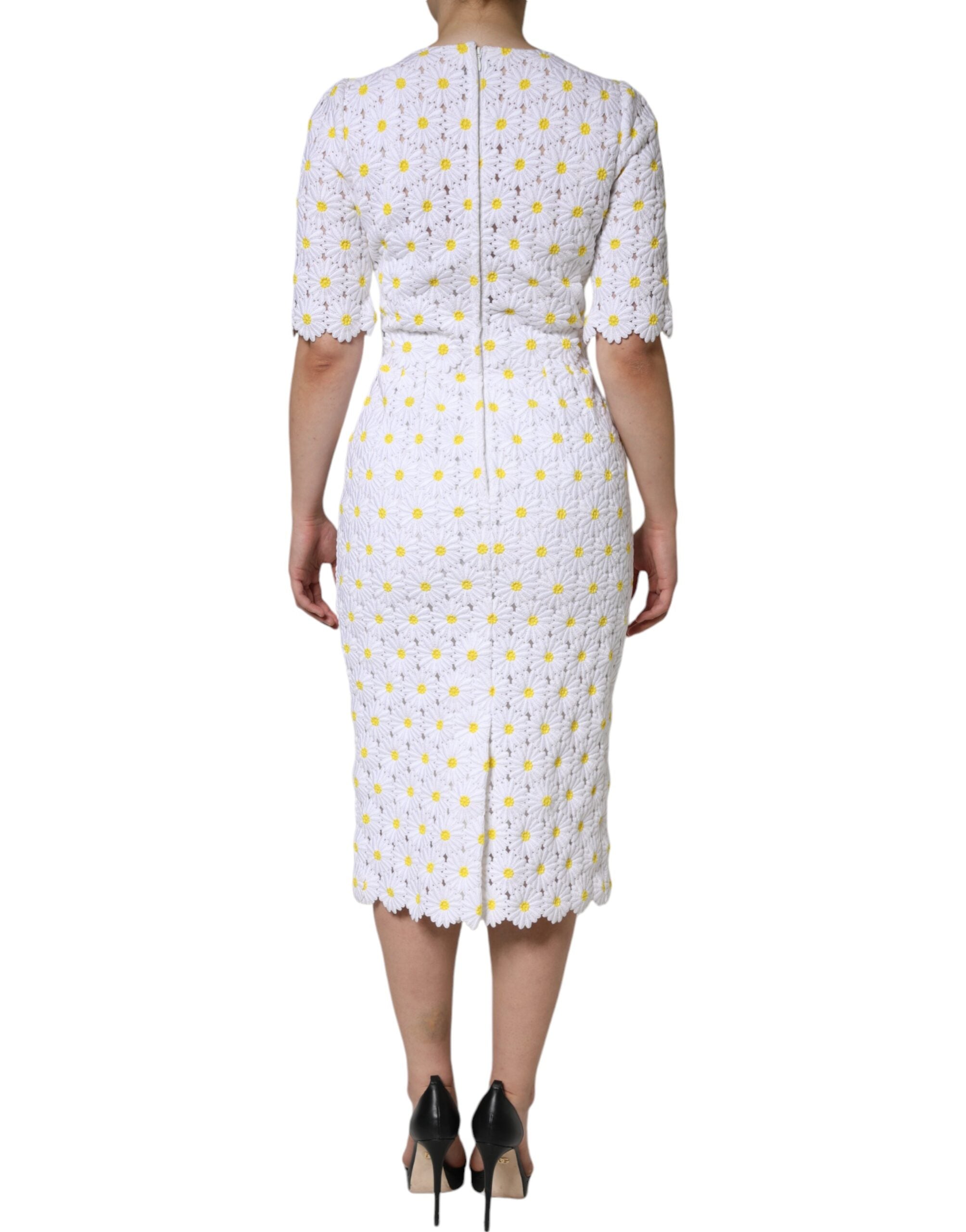 Dolce &amp; Gabbana White Daisy Macrame Lace Sheath Midi-kjole