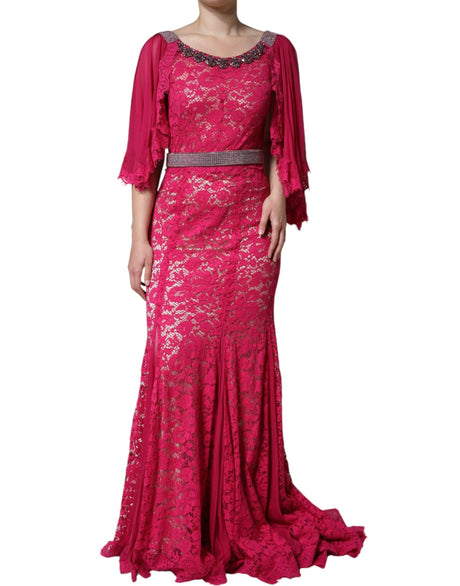 Dolce & Gabbana Pink Lace Crystal Sheath Long Gown Dress - Hilstor