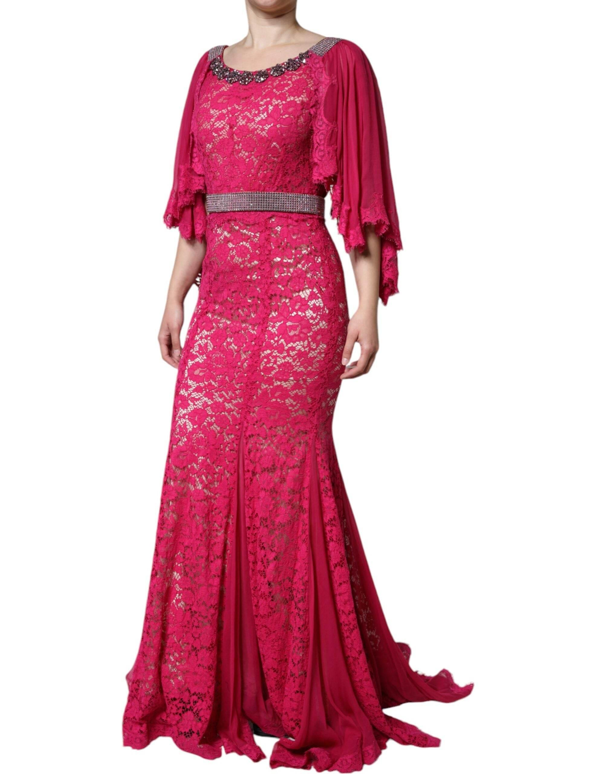 Dolce & Gabbana Pink Lace Crystal Sheath Long Gown Dress - Hilstor